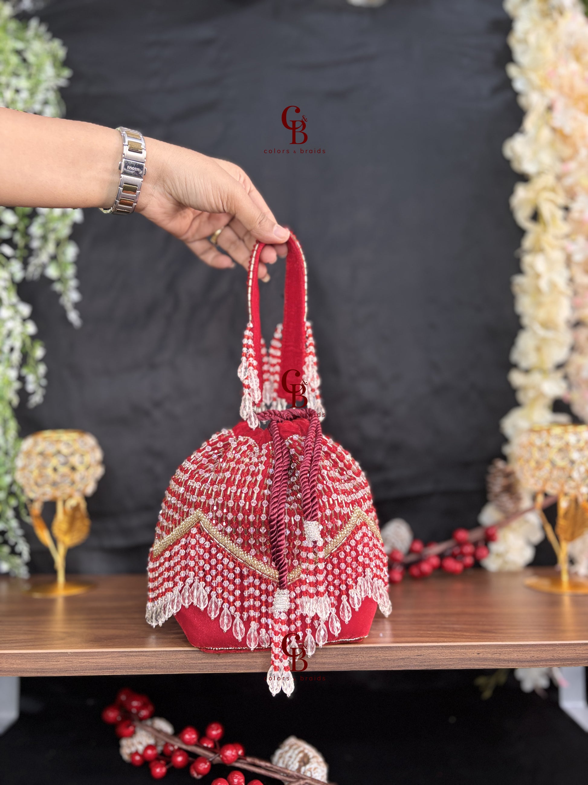 V Crystal Diamond Round Potli