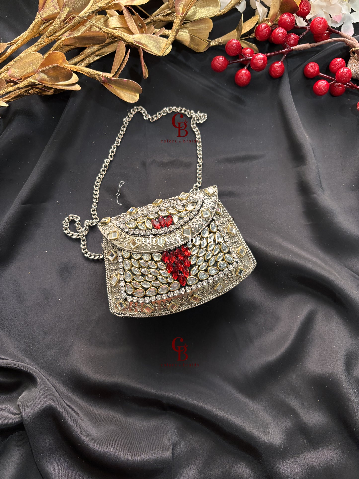 Zohra Mini Kundan Clutch - SIlver