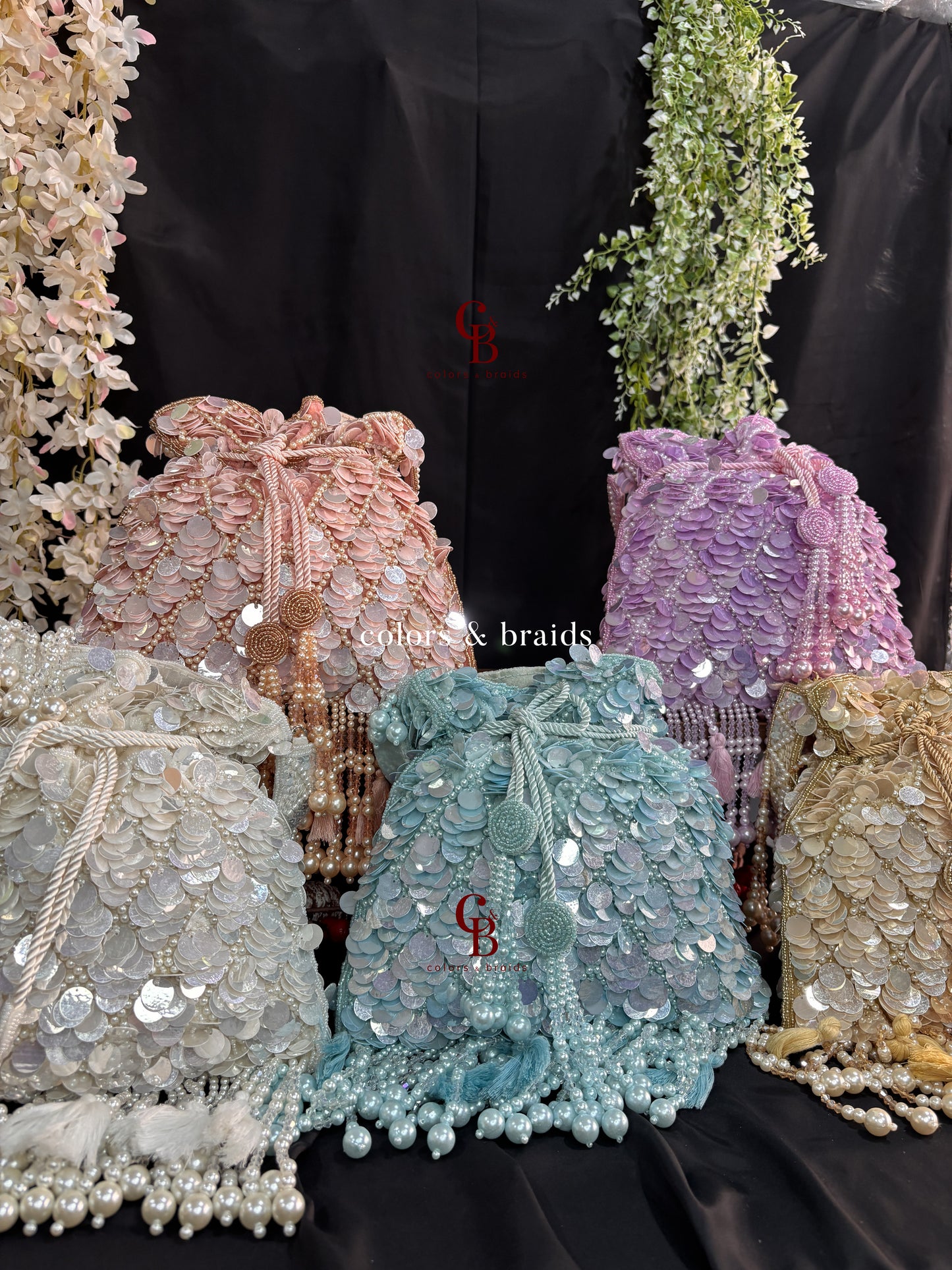 Big Sequin Potli with Feather and Pearl Tassels