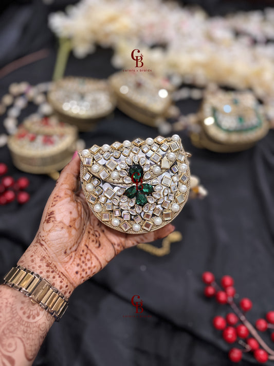 Green Kundan Mini Brass clutch