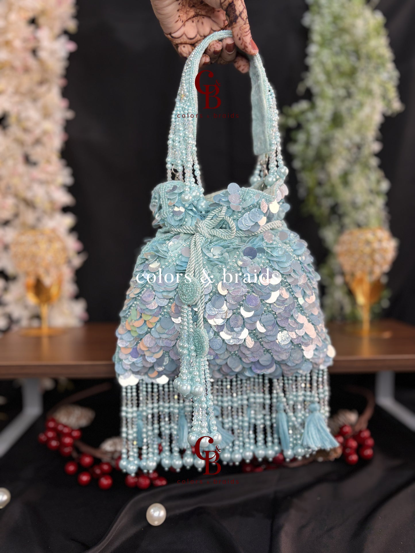 Big Sequin Potli with Feather and Pearl Tassels