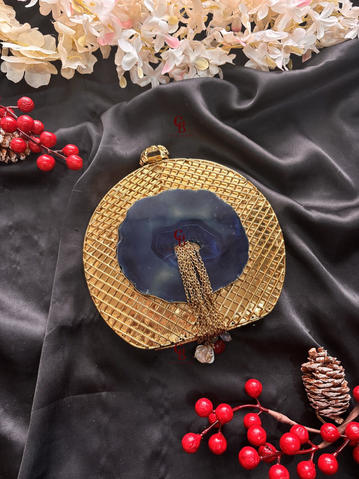 Blue Coaster Mother of Pearl Brass Clutch