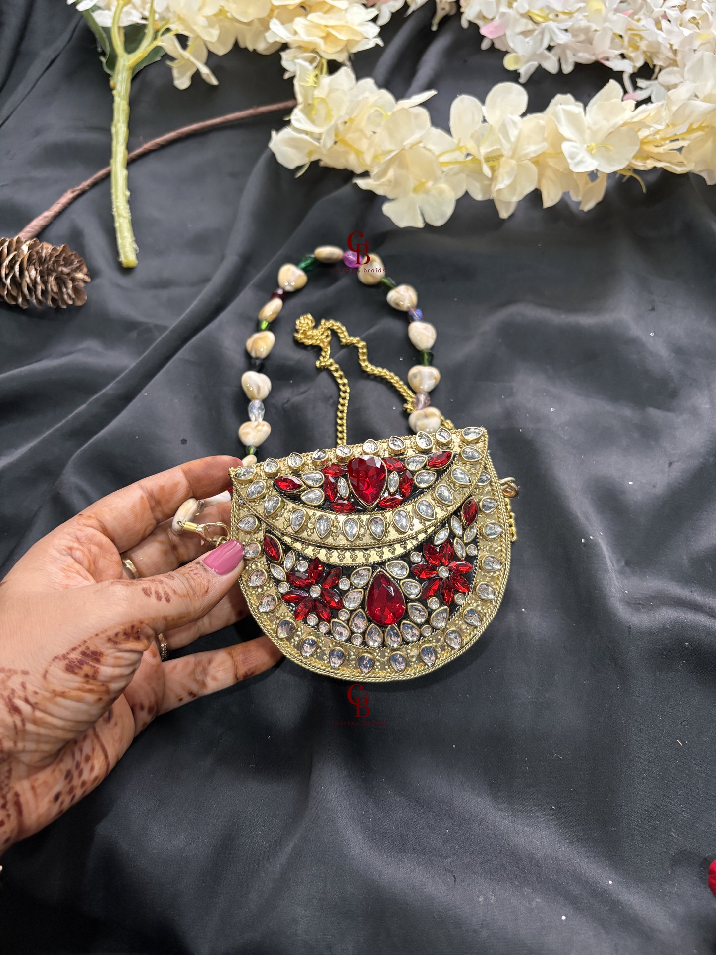 Red Kundan Mini Brass Clutch