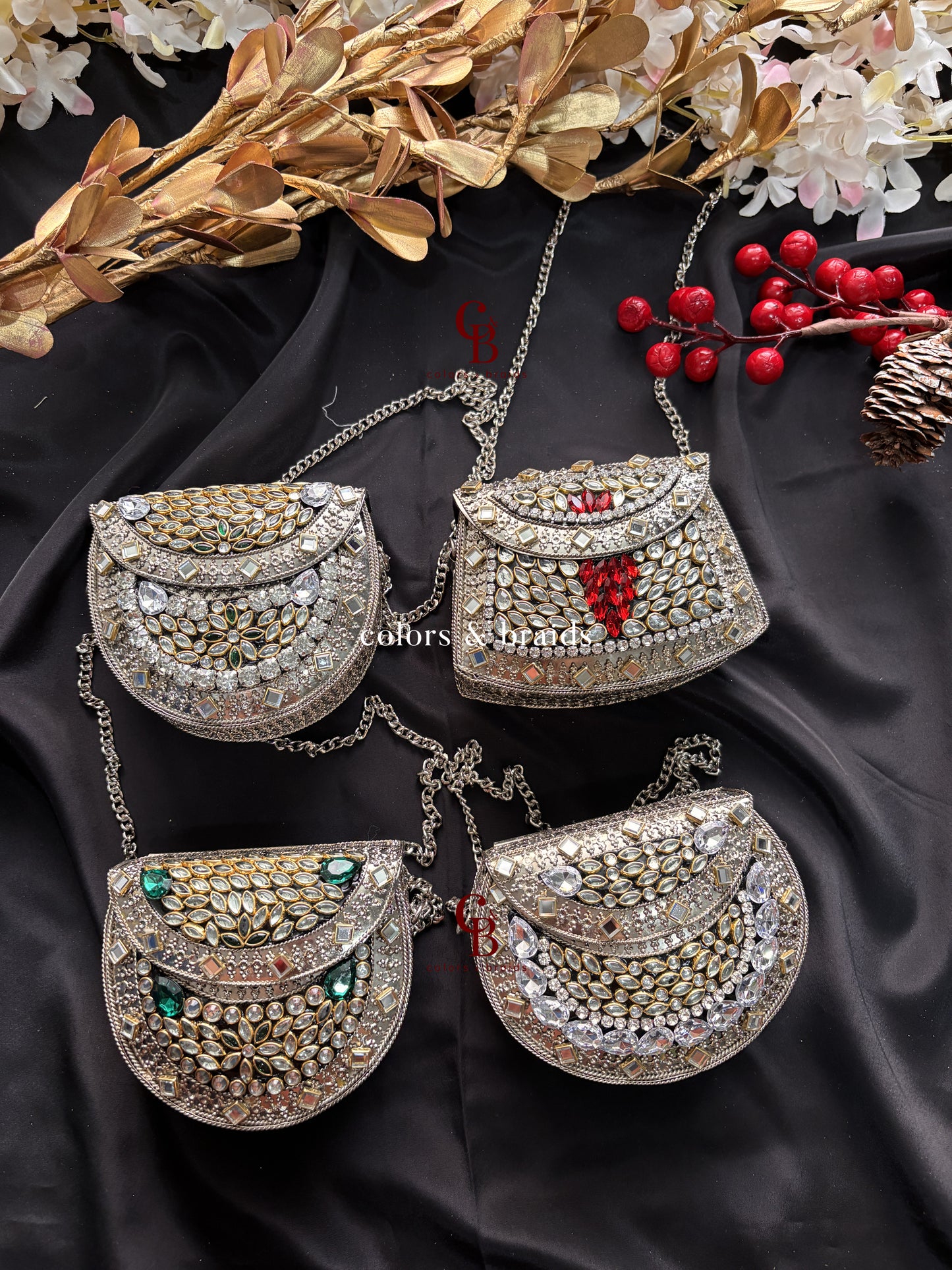 Zohra Mini Kundan Clutch - SIlver