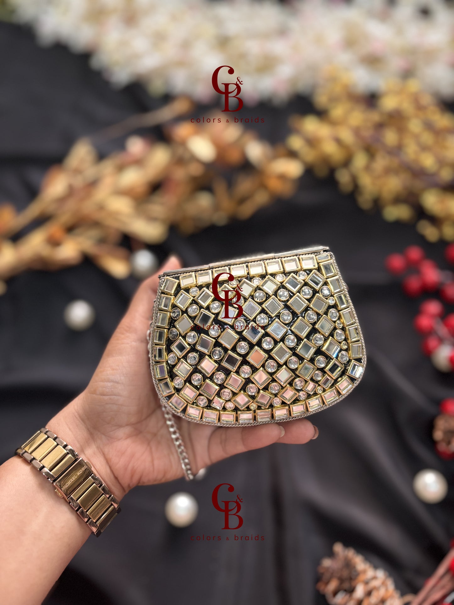 Yuvika Silver Kundan Stones Clutch