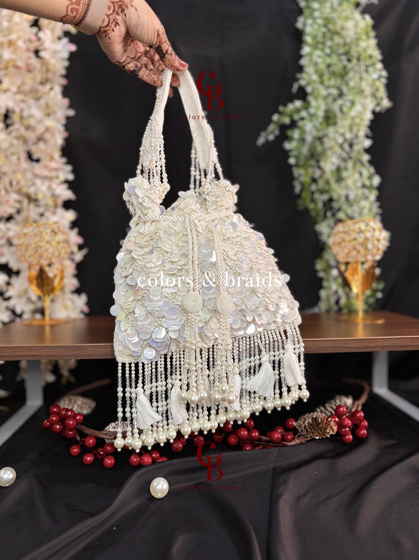 Big Sequin Potli with Feather and Pearl Tassels