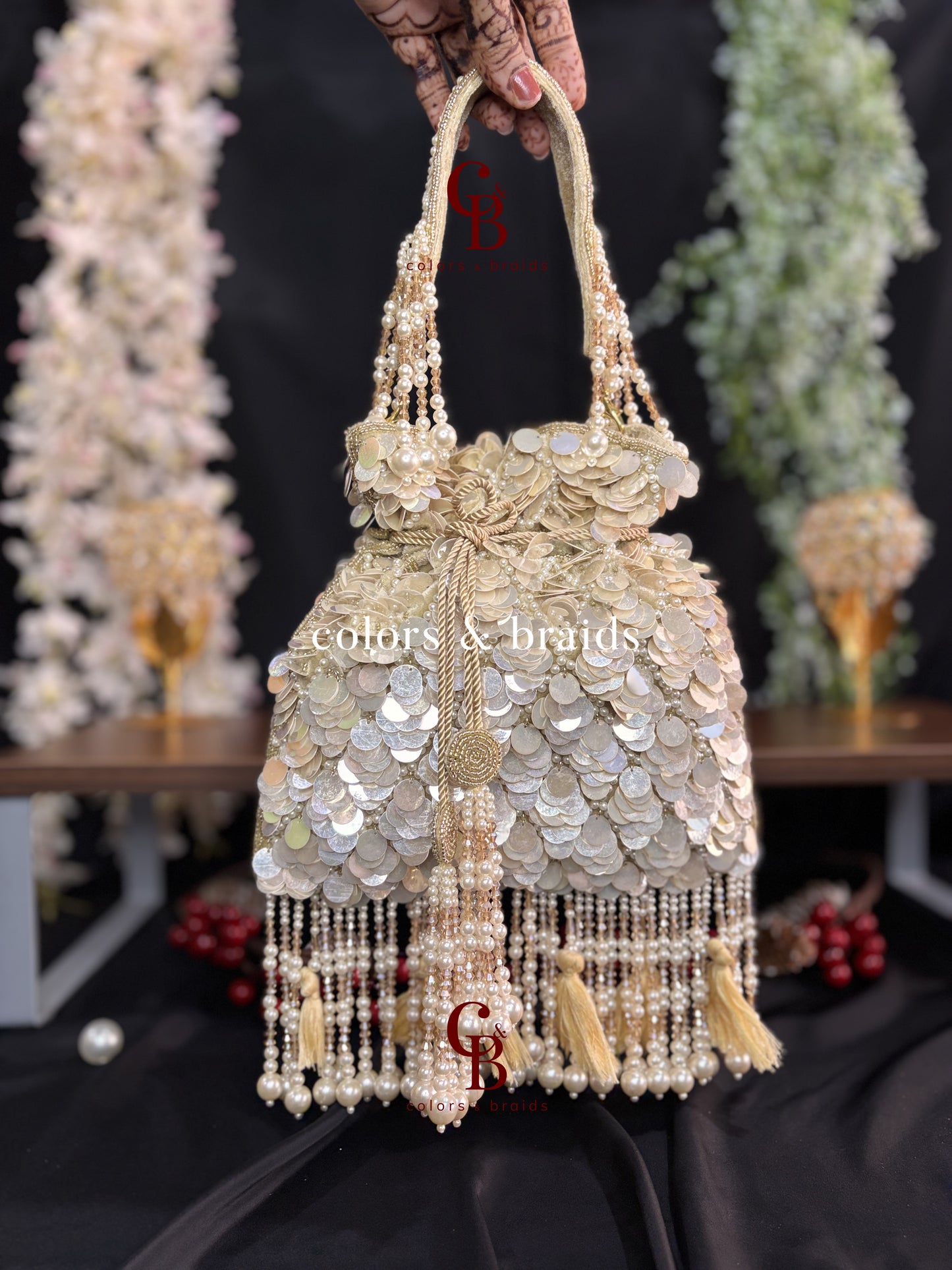 Big Sequin Potli with Feather and Pearl Tassels