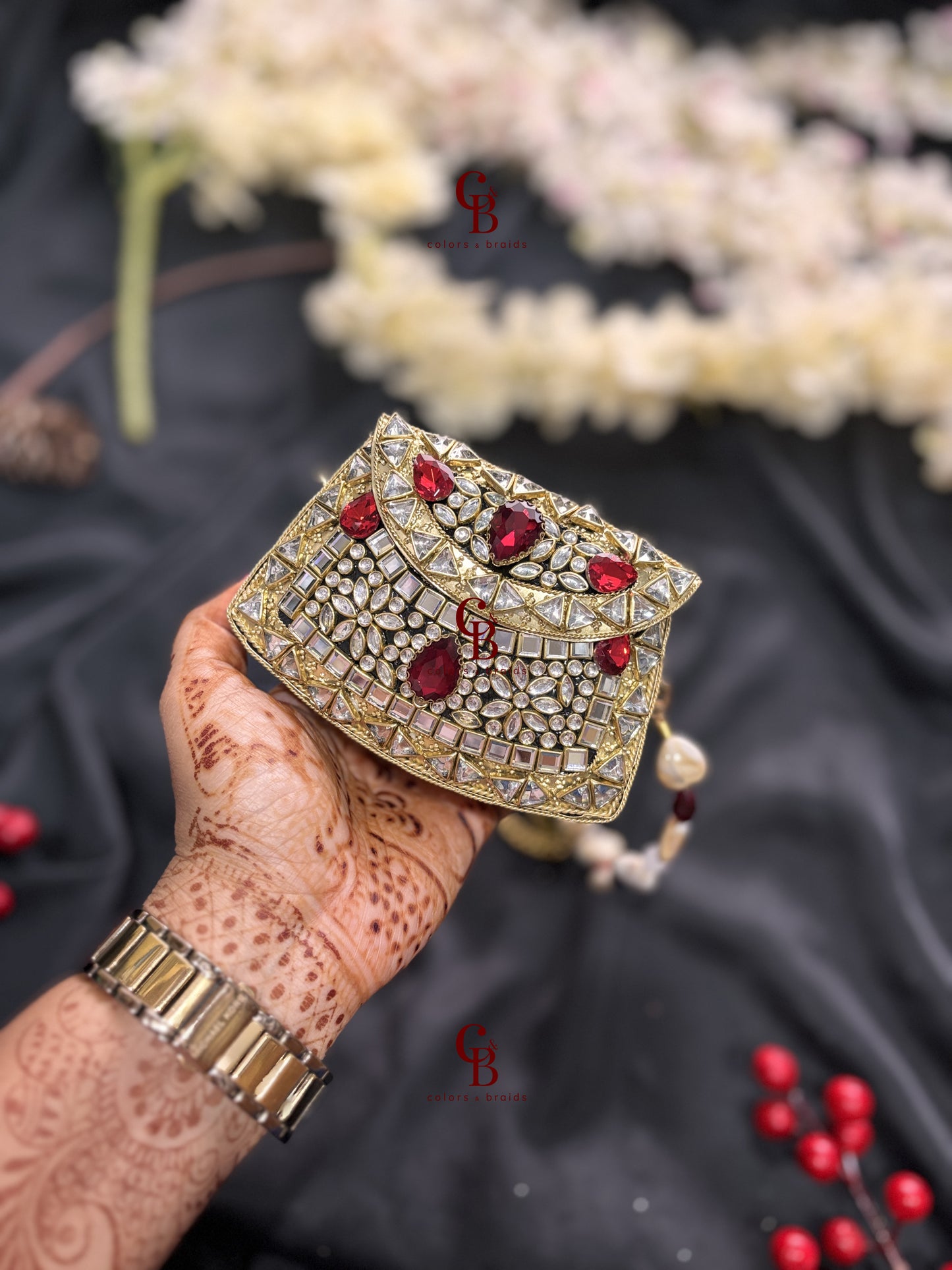 Mini Brass Clutch - Red Kundan Stones