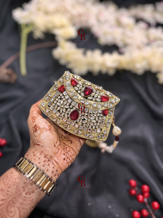 Mini Brass Clutch - Red Kundan Stones