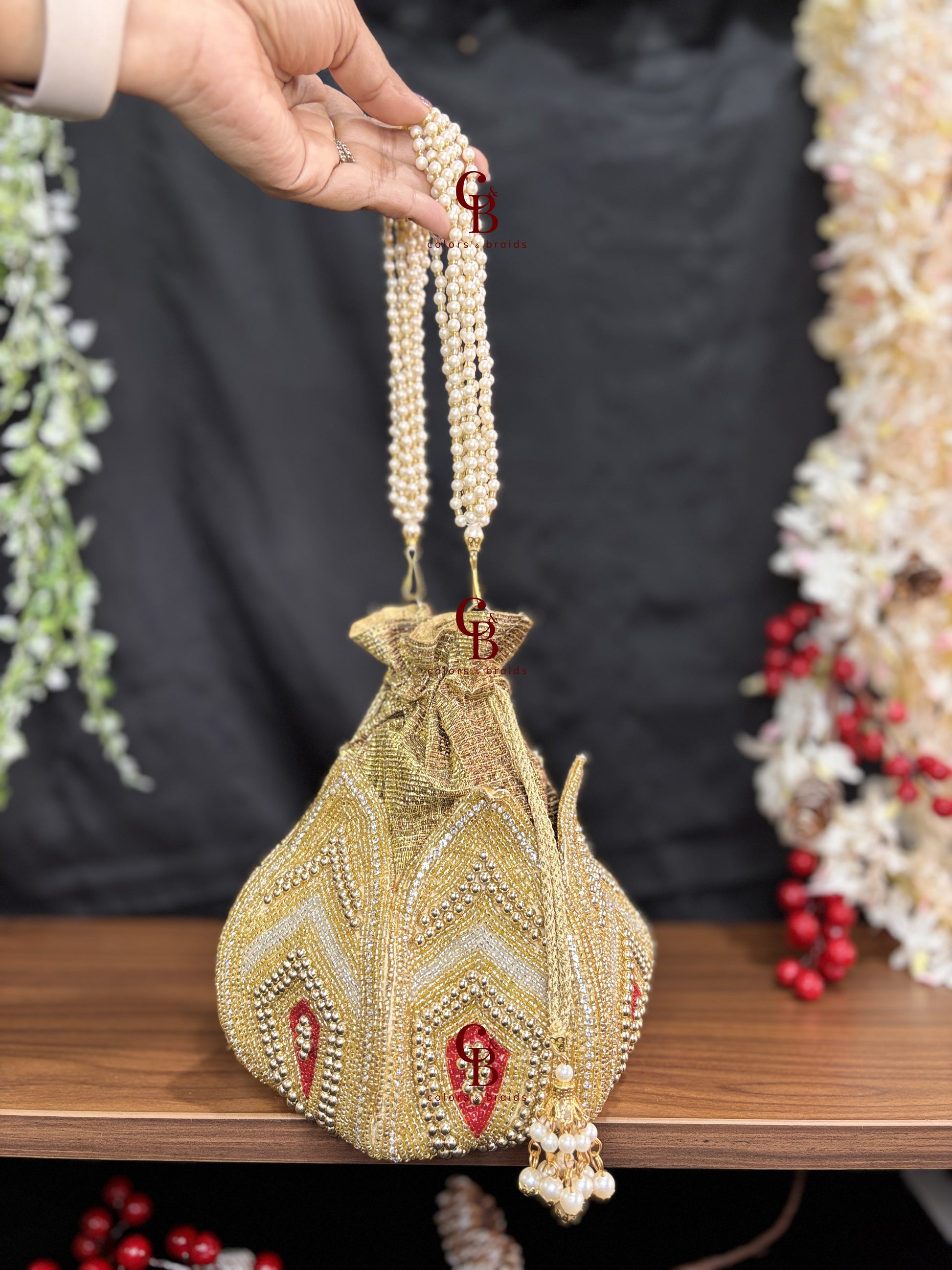 Lotus Pearl Potli With Red Beads