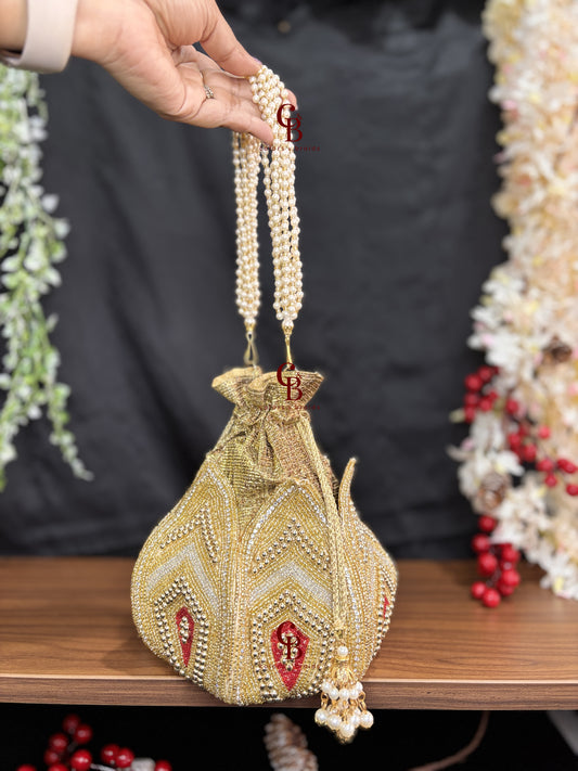 Lotus Pearl Potli With Red Beads