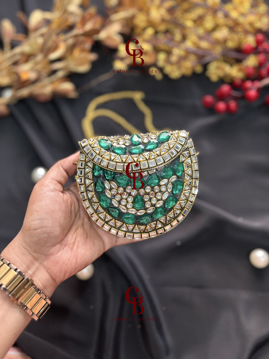 Green Crystal Kundan Clutch