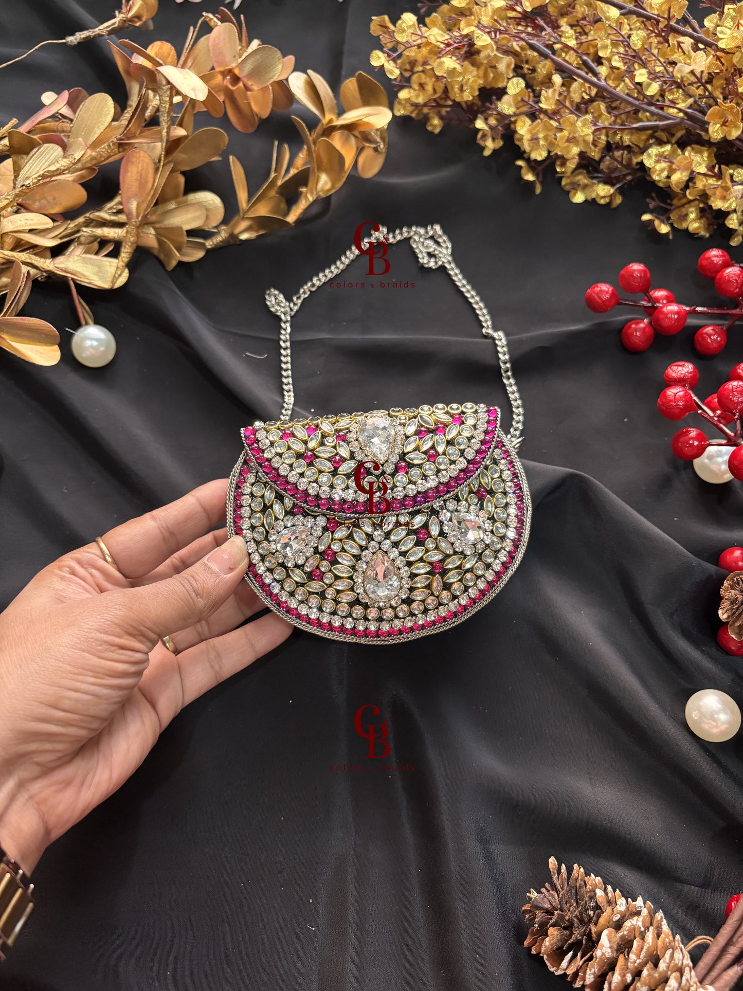 Sia Kundan Clutch with Pink Stones