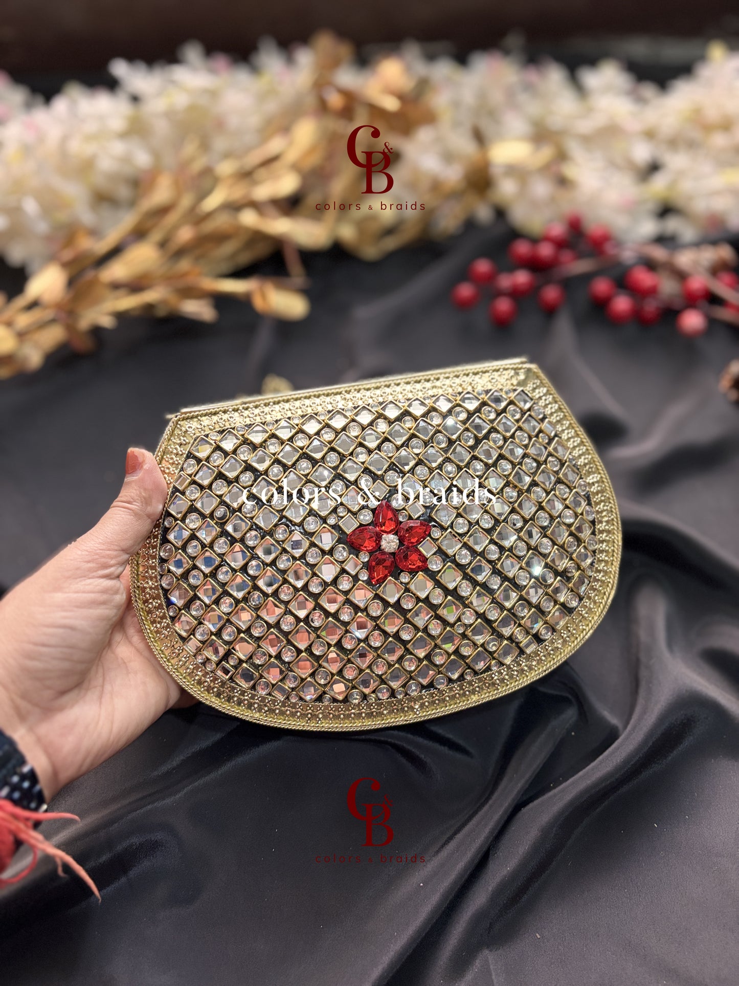 Rosa Kundan Metal Clutch