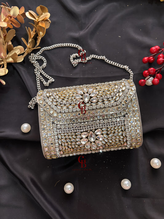 Alira Kundan Clutch in Silver
