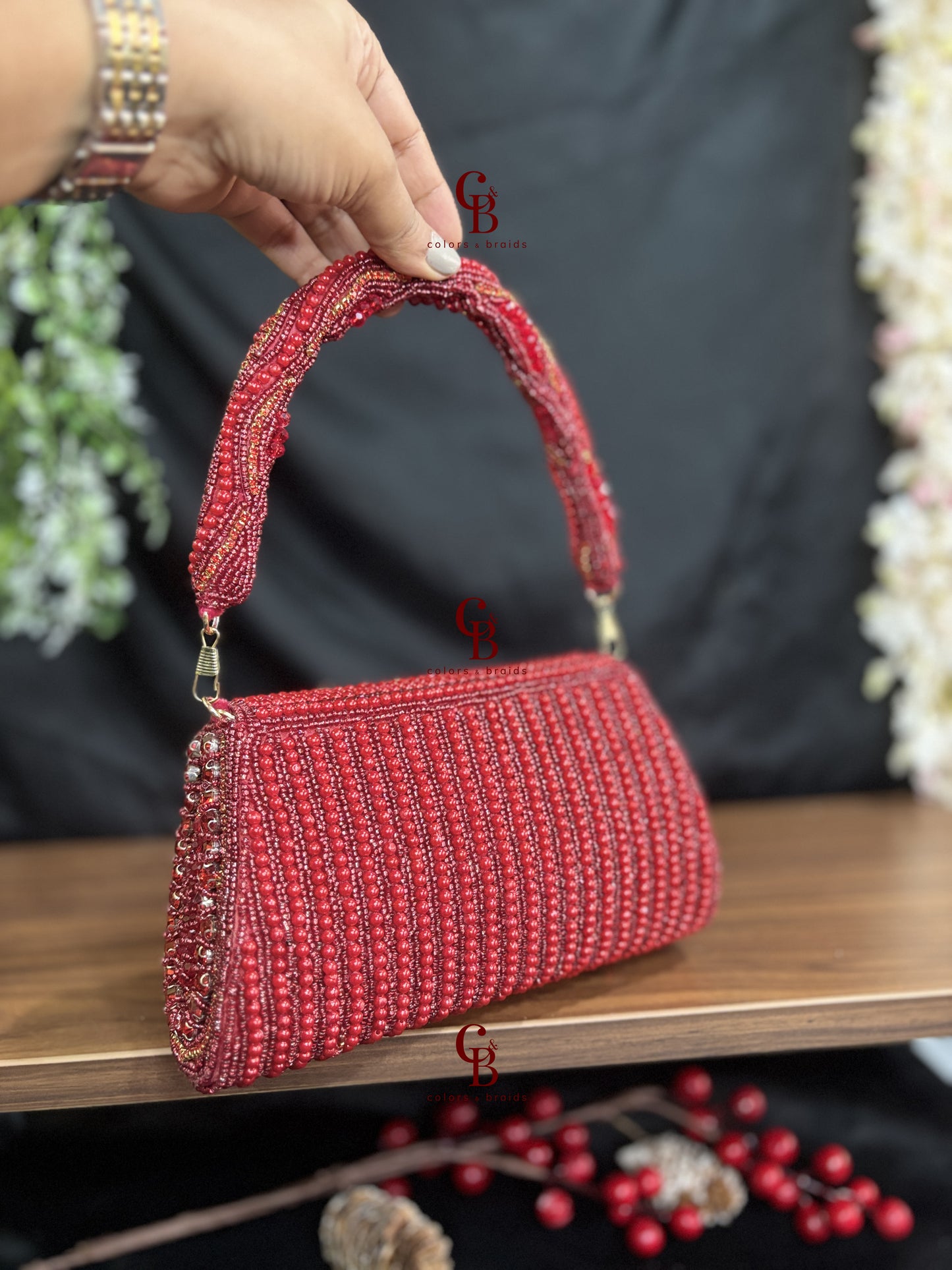 Audrey Crystal Flap Clutch In Red Color