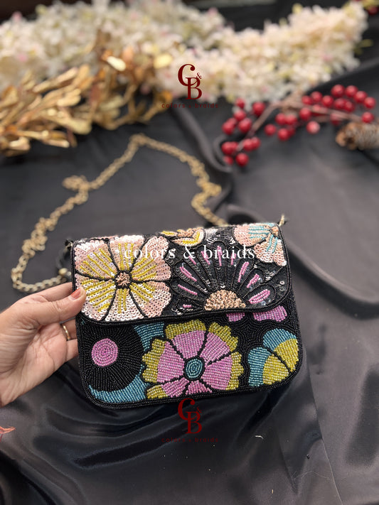 Poppy Sequin Flower Flap Clutch