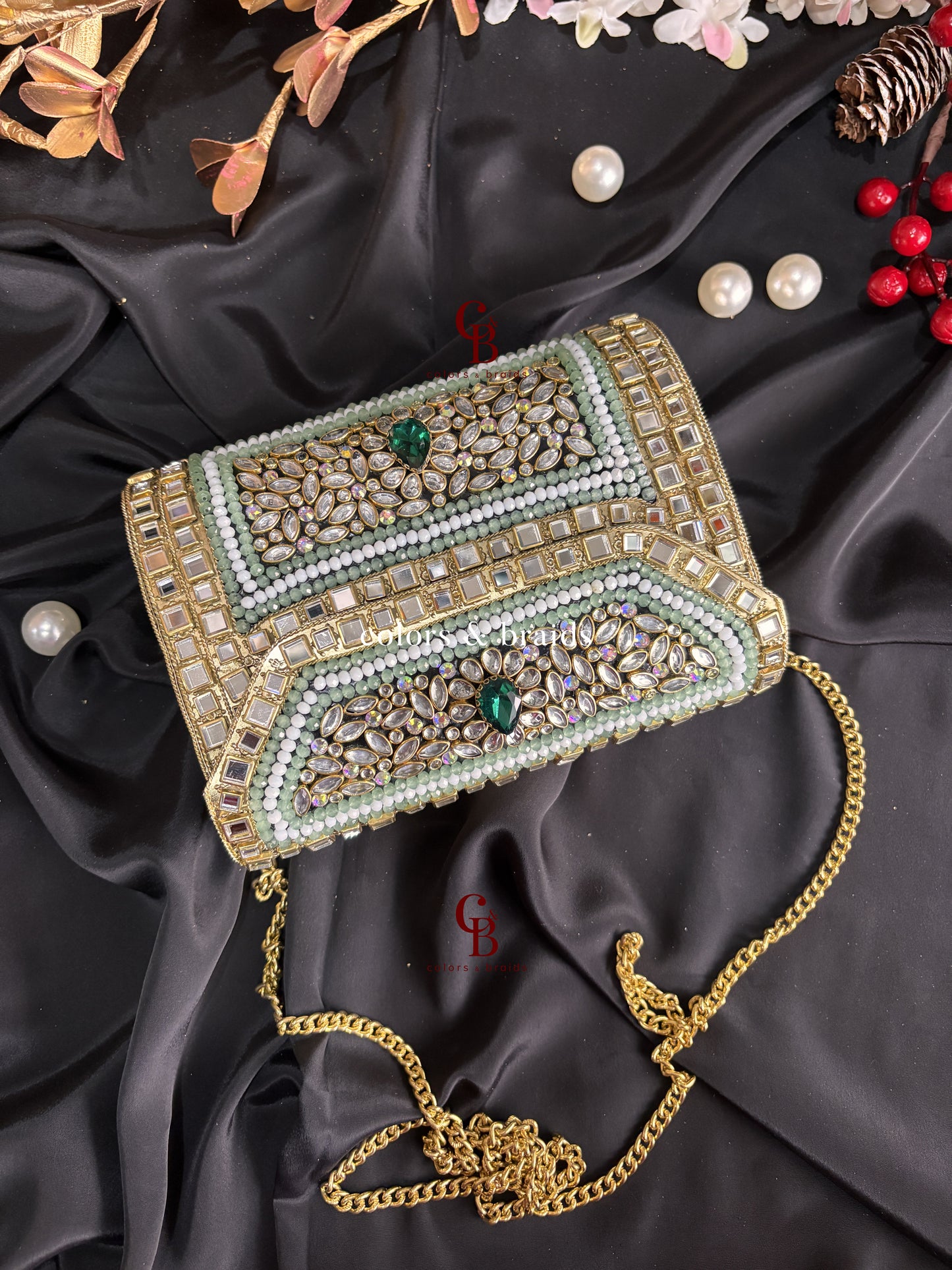 Isla Kundan and Green Crystal Clutch