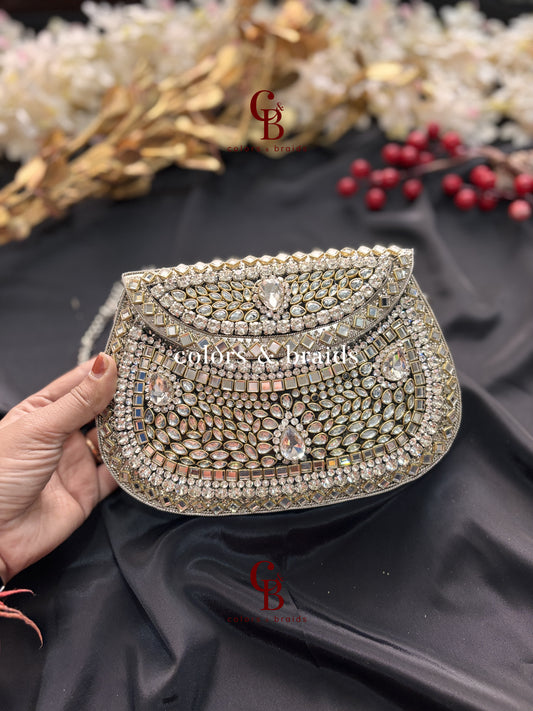 Aafreen Silver Kundan Metal Clutch