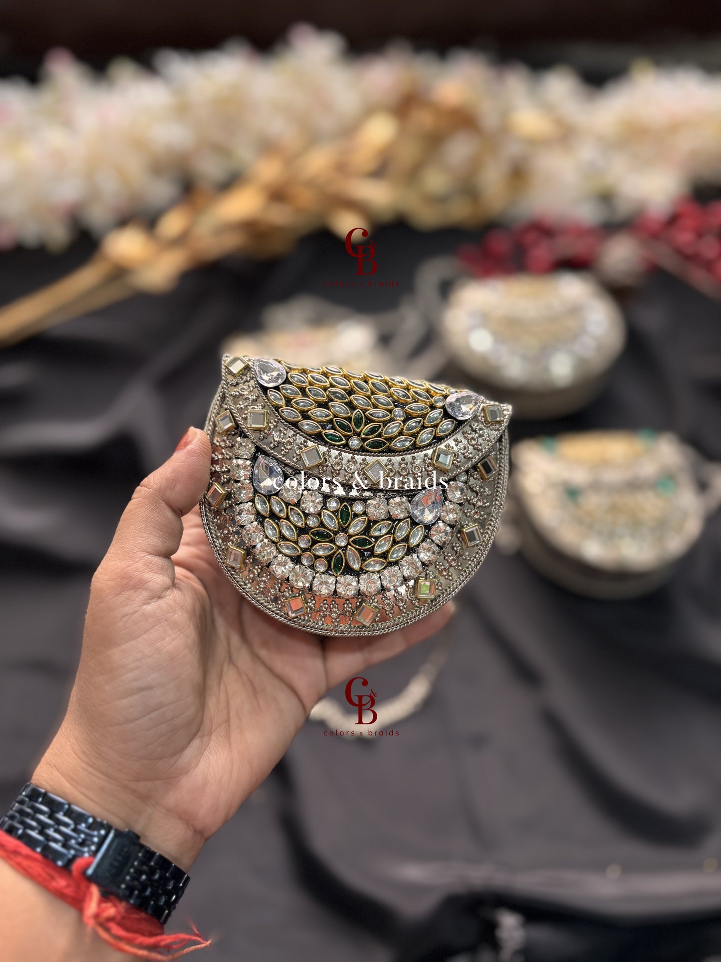 Zohra Mini Kundan Clutch - SIlver