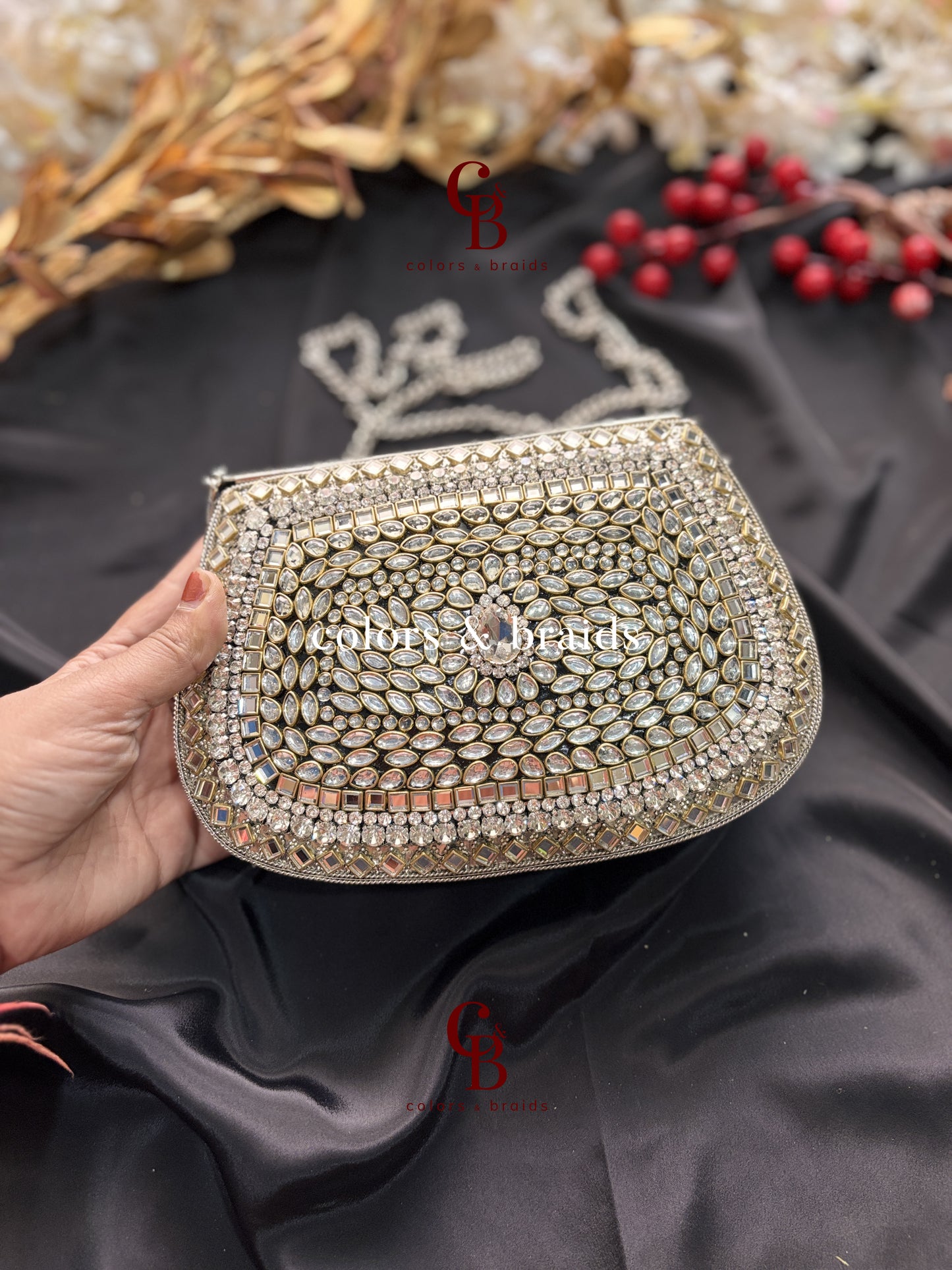Aafreen Silver Kundan Metal Clutch