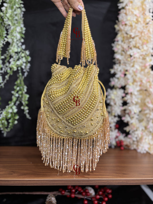 Heavy pearl and crystal hanging potli - Gold Potli