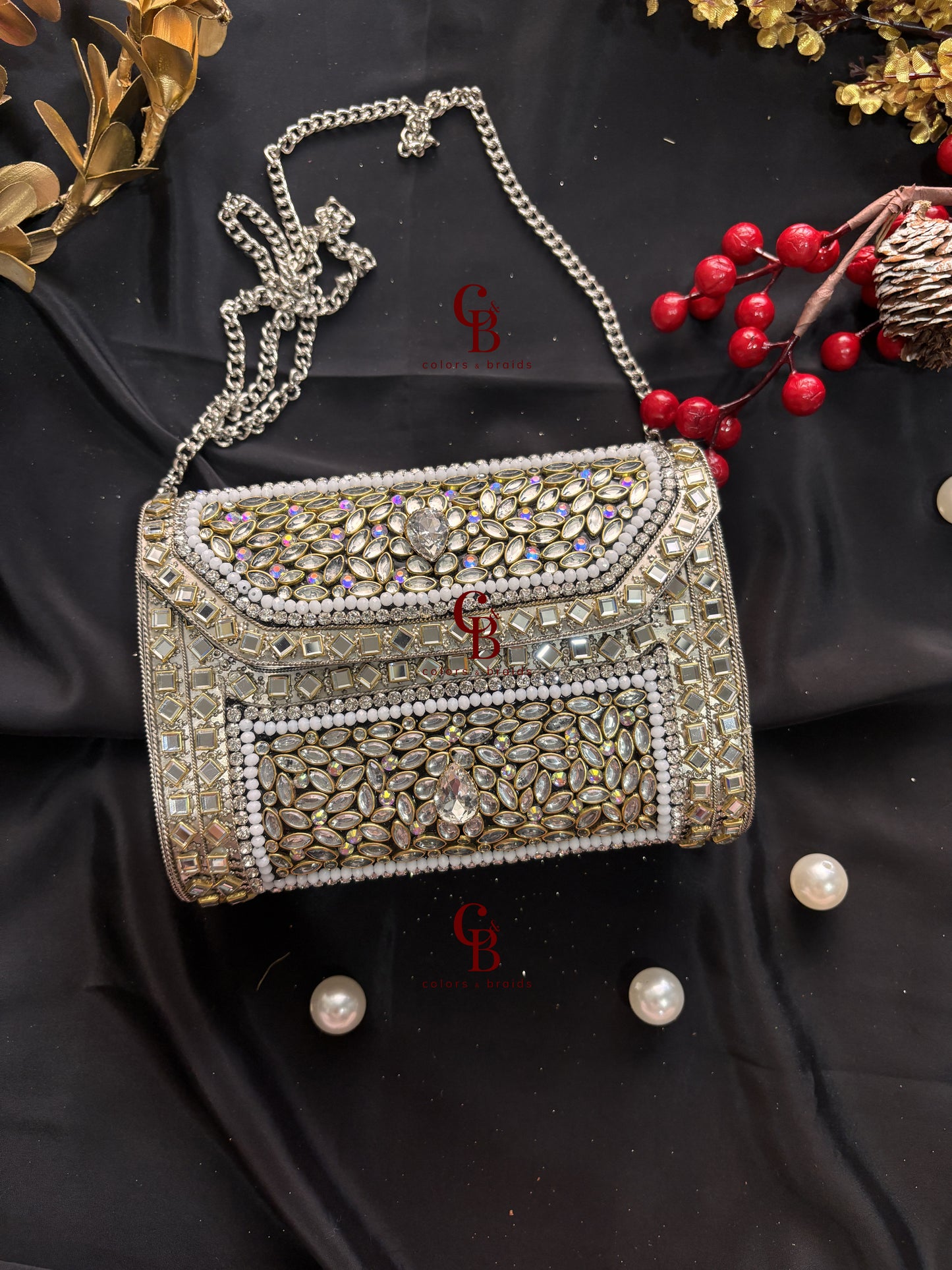 Isla Silver Kundan Clutch