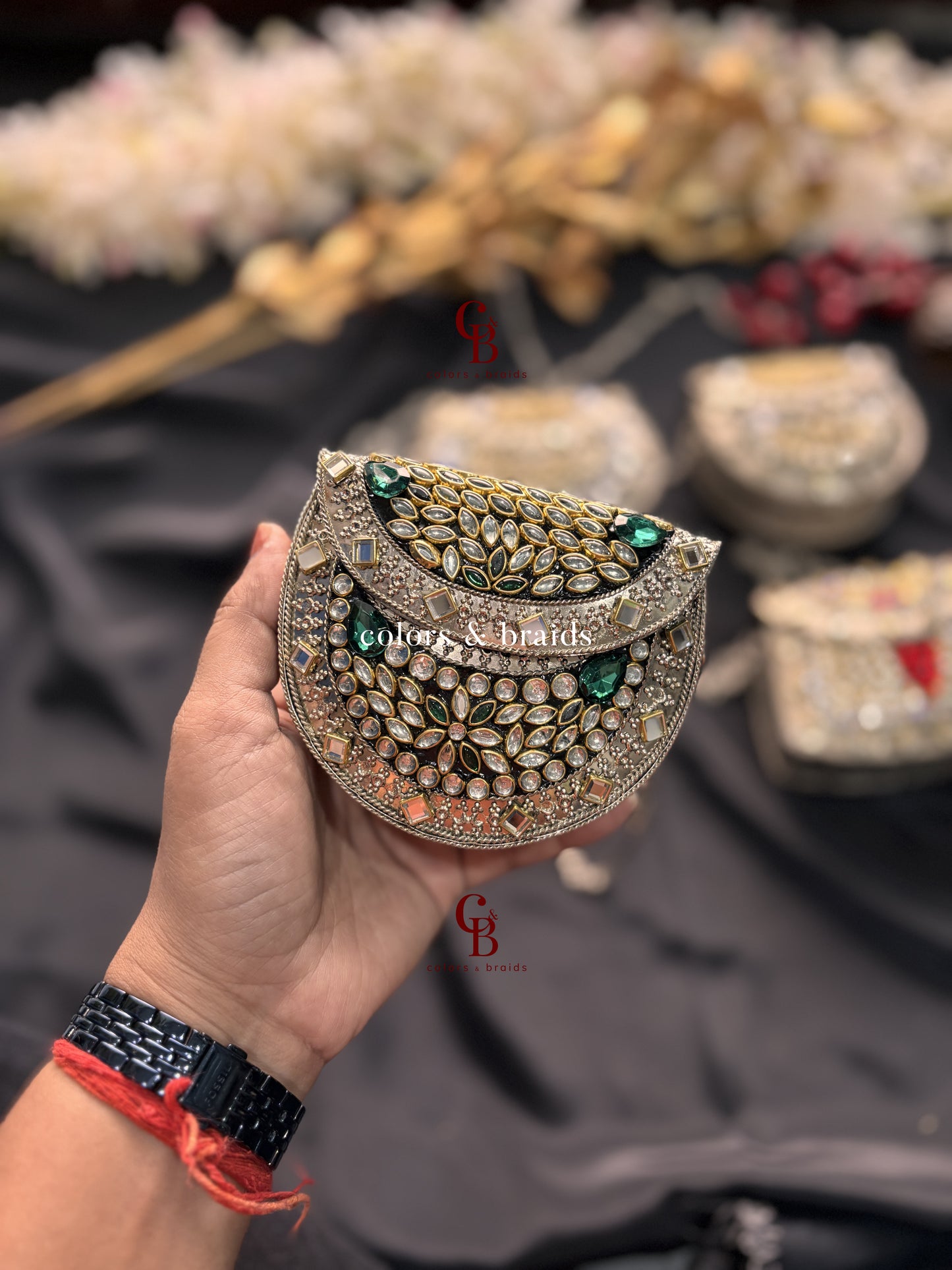 Zohra Mini Kundan Clutch - SIlver