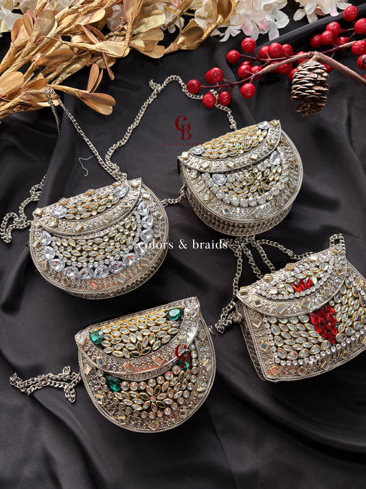 Zohra Mini Kundan Clutch - SIlver