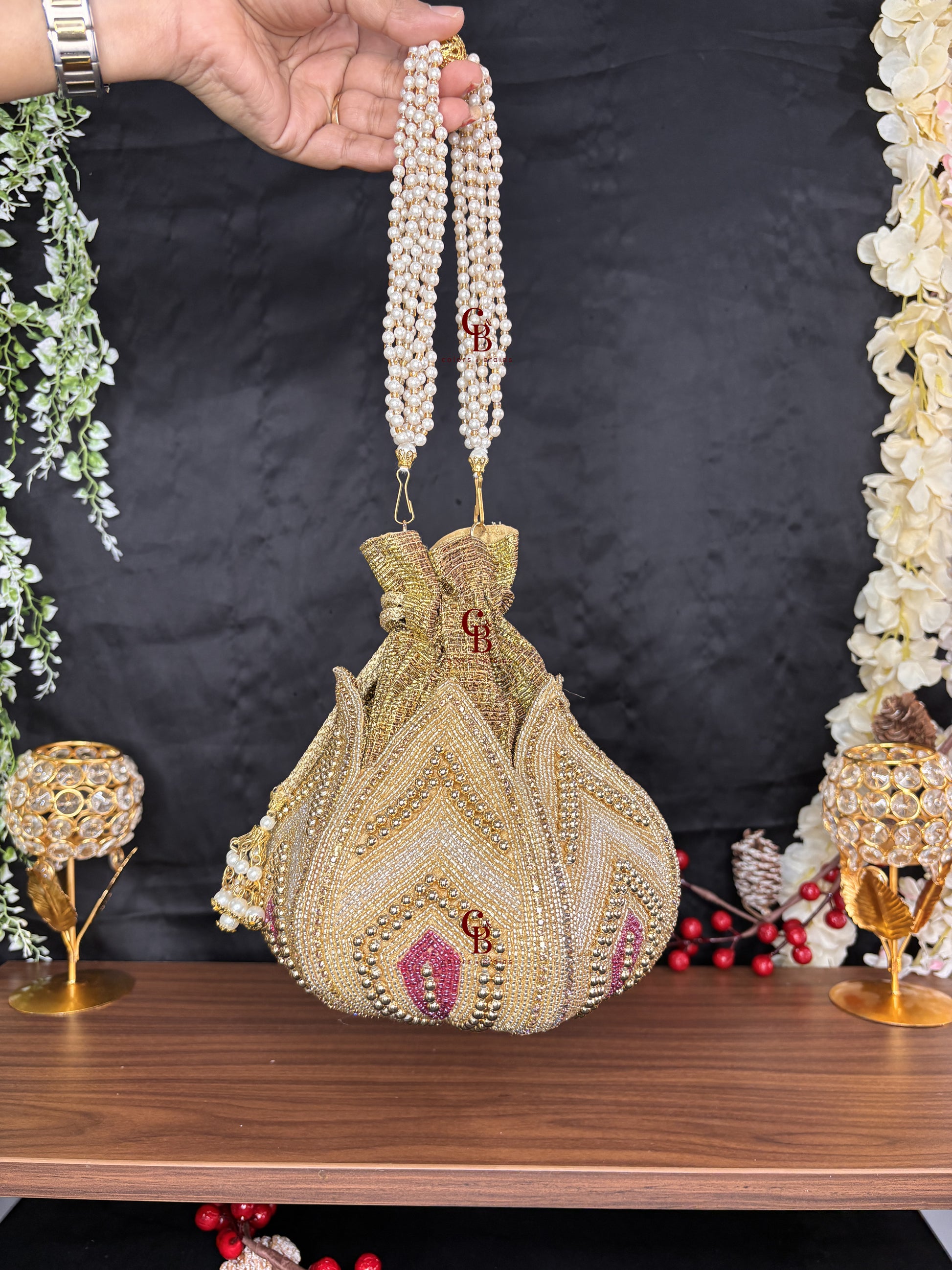 Lotus Pearl Potli With Wine Beads