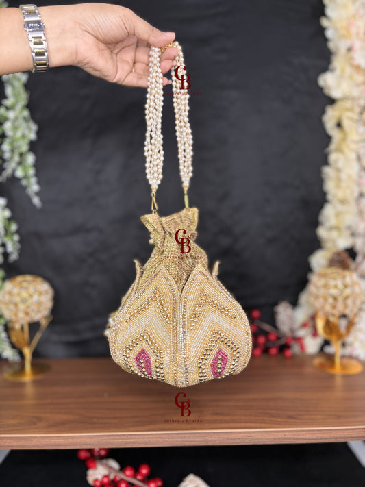 Lotus Pearl Potli With Wine Beads