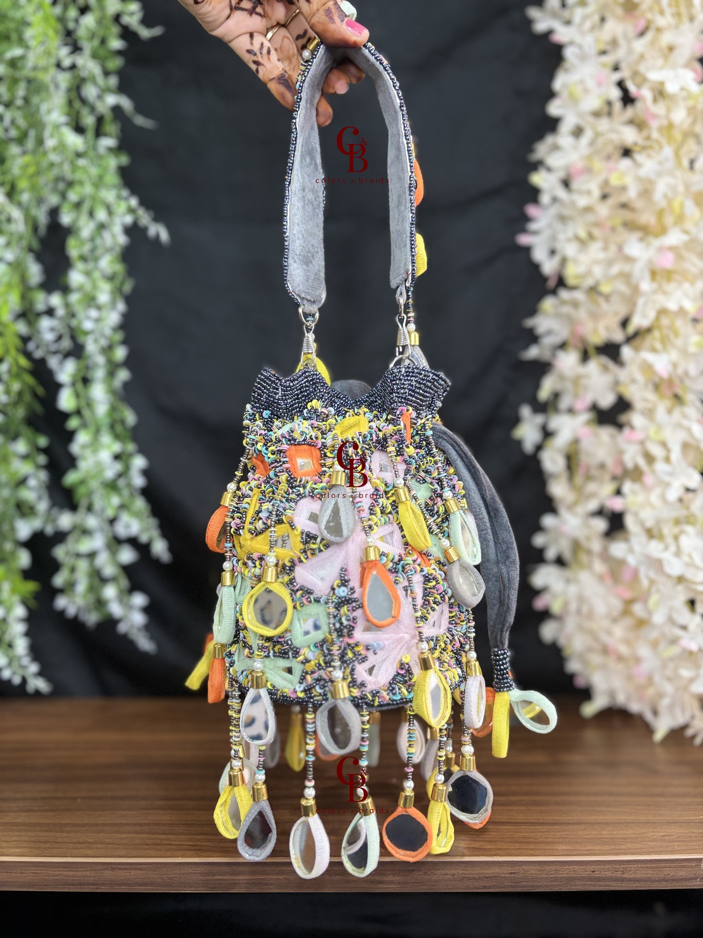 Multi Mirror Drop Potli - Gold, Red and Grey