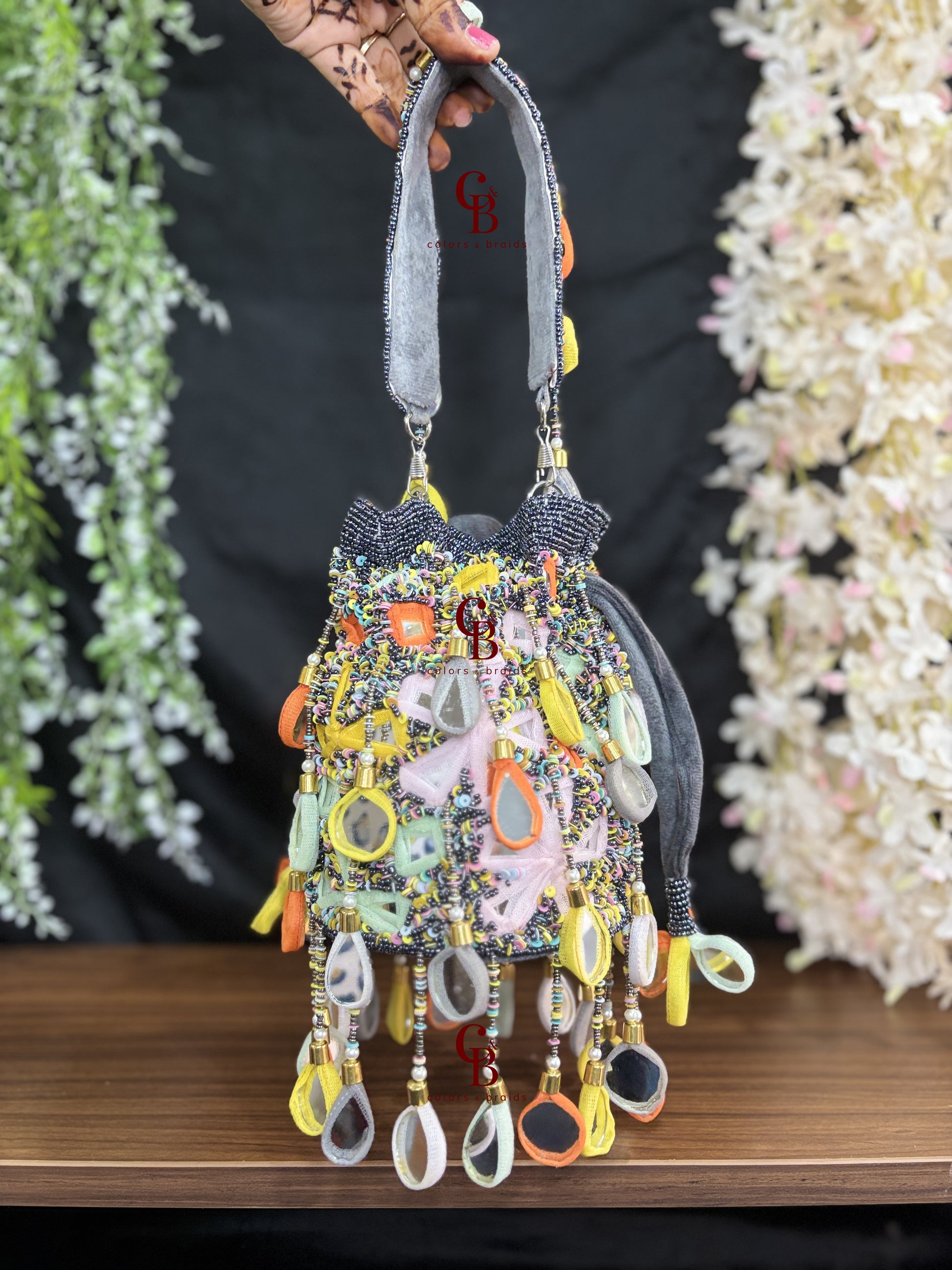 Multi Mirror Drop Potli - Gold, Red and Grey