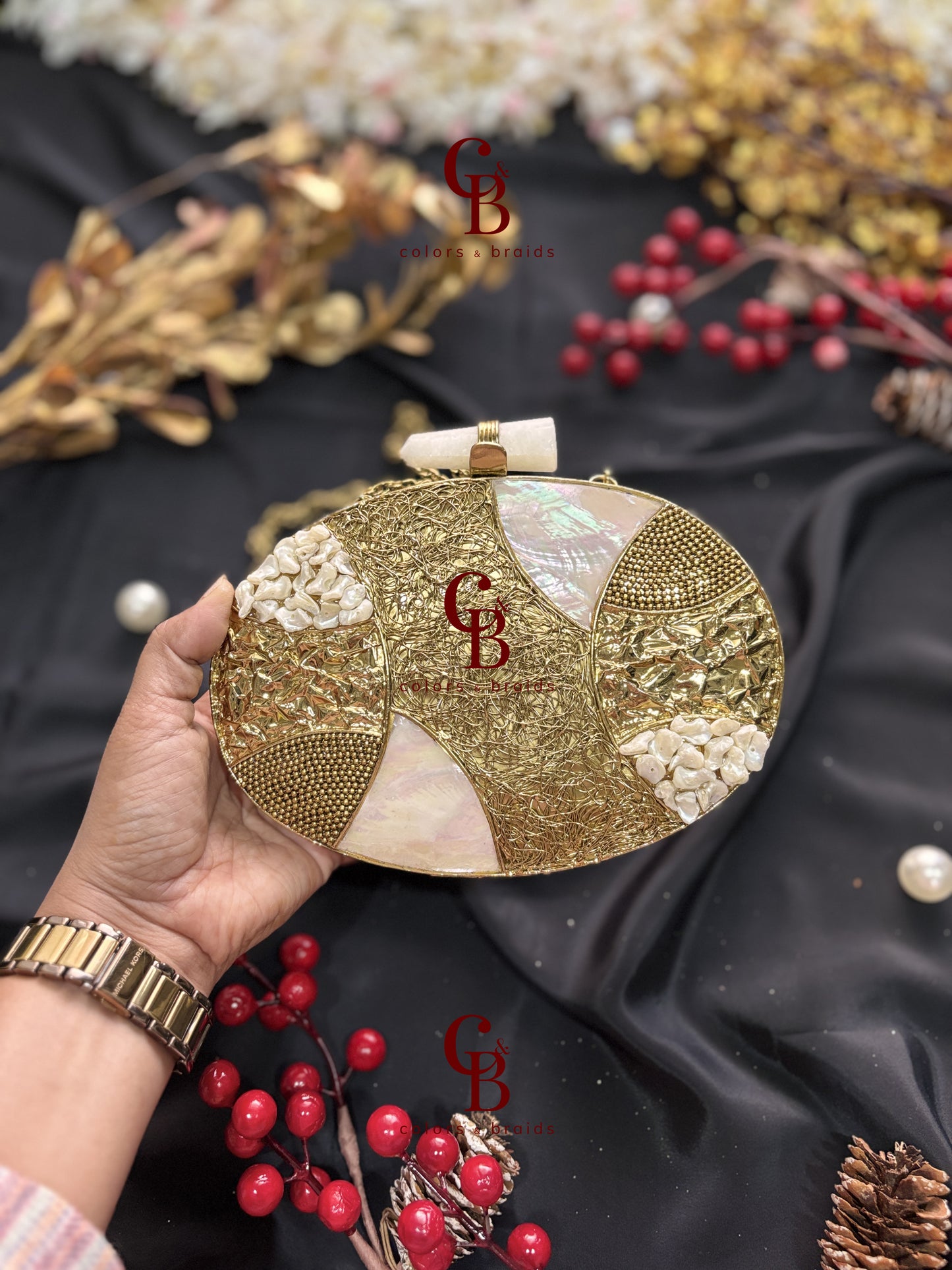 Tejasvi Mother of Pearl Brass Clutch - MOP Clutch