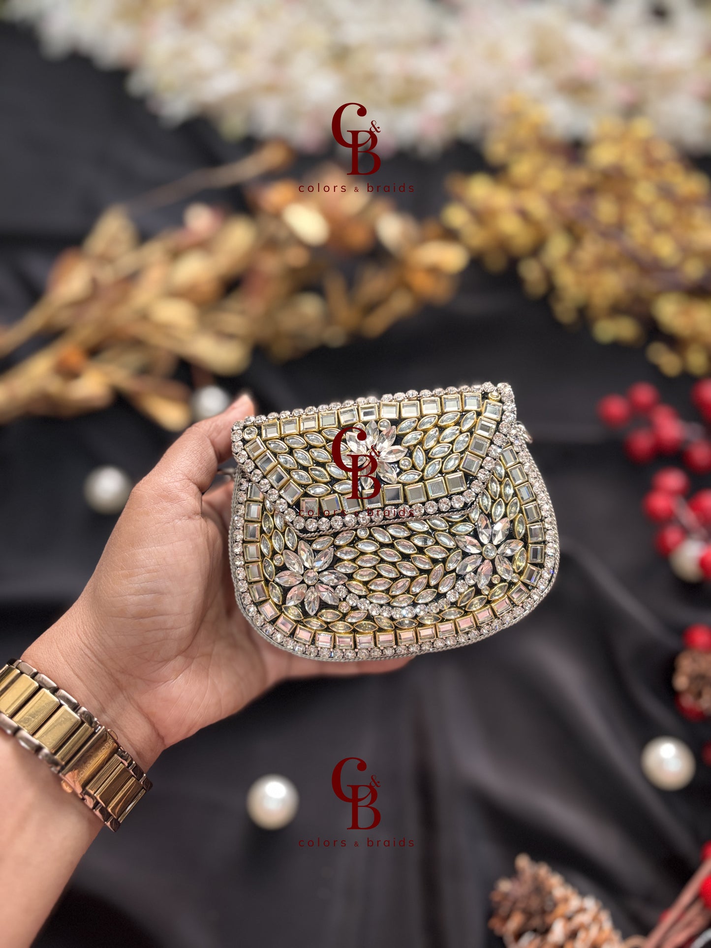 Yuvika Silver Kundan Stones Clutch