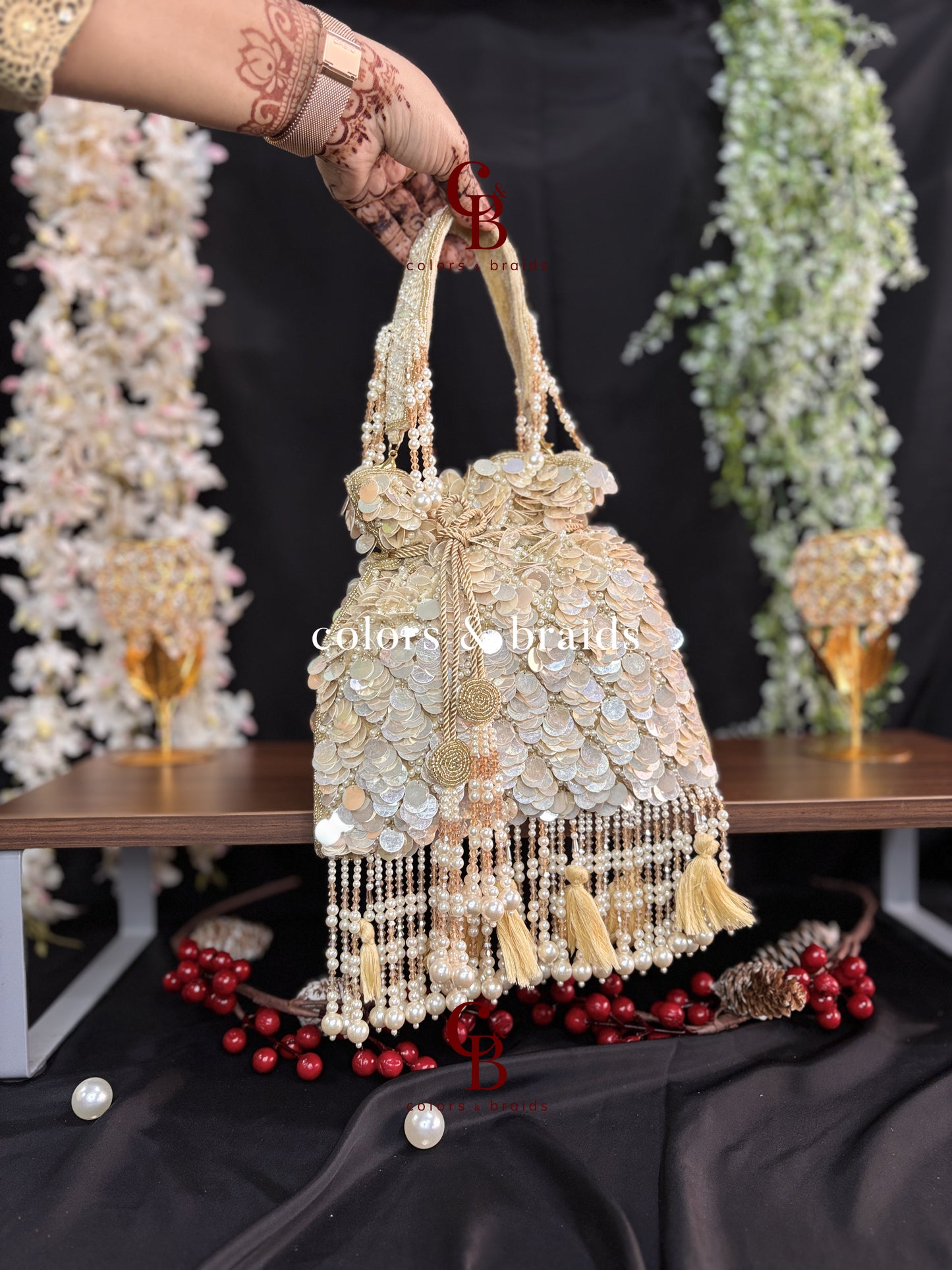 Big Sequin Potli with Feather and Pearl Tassels