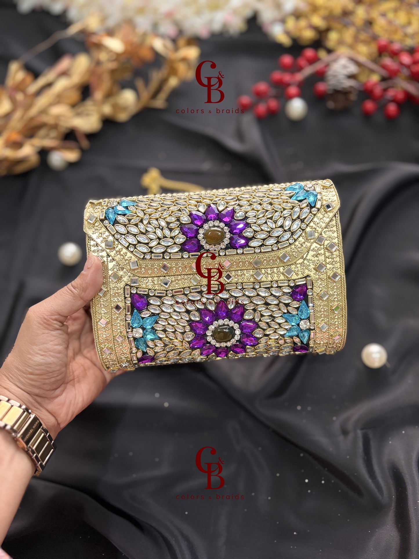 Amaya Kundan Clutch - Purple and Blue Crystals