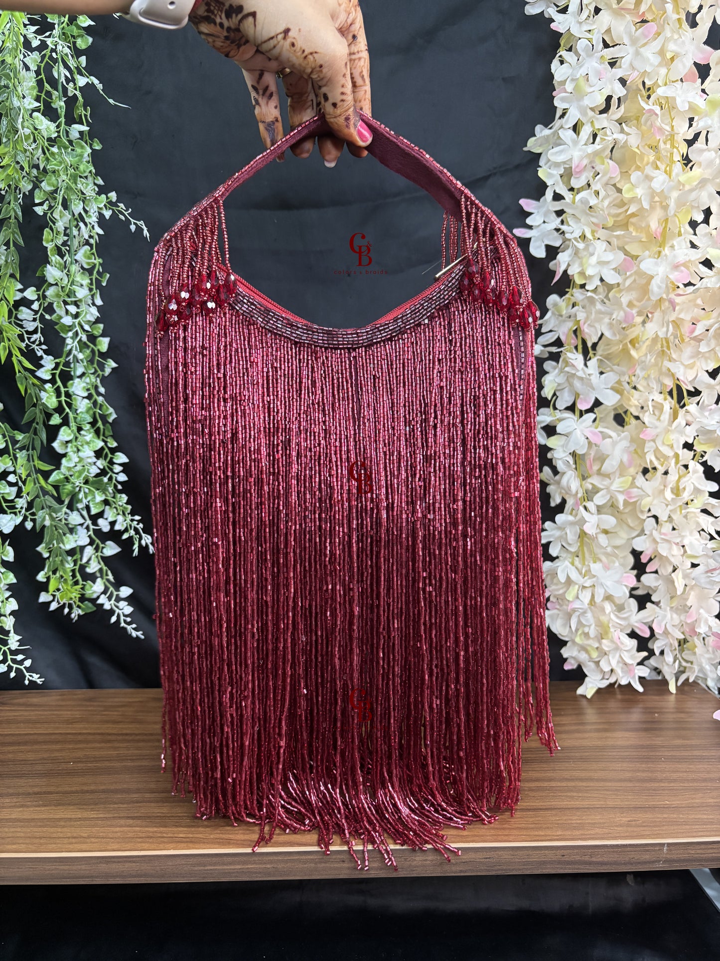 Moonlight Long Cut Dana Tassels Potli in Green, Maroon and Purple