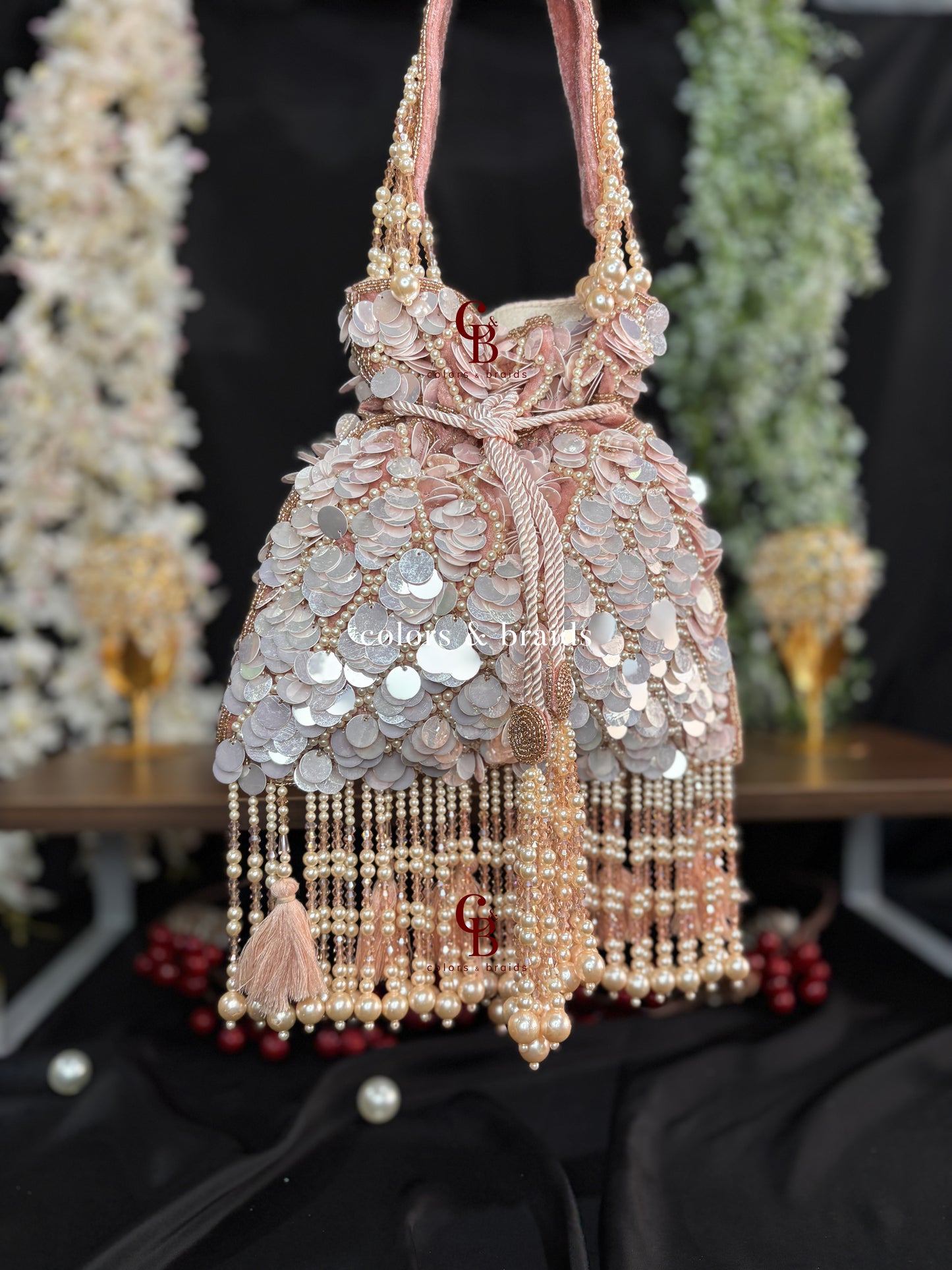 Big Sequin Potli with Feather and Pearl Tassels