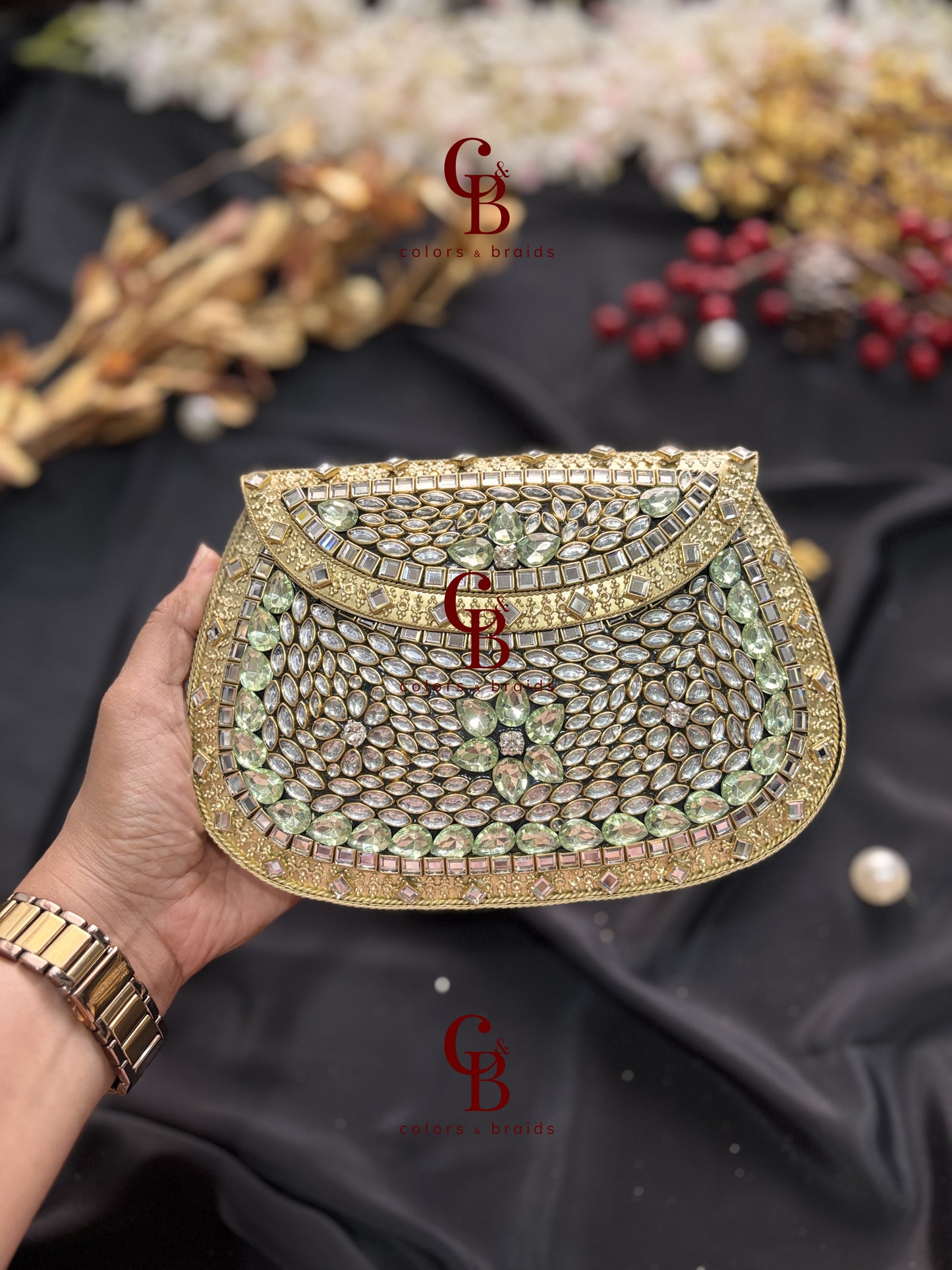 Mehak Kundan Clutch - Mint Green Crystals