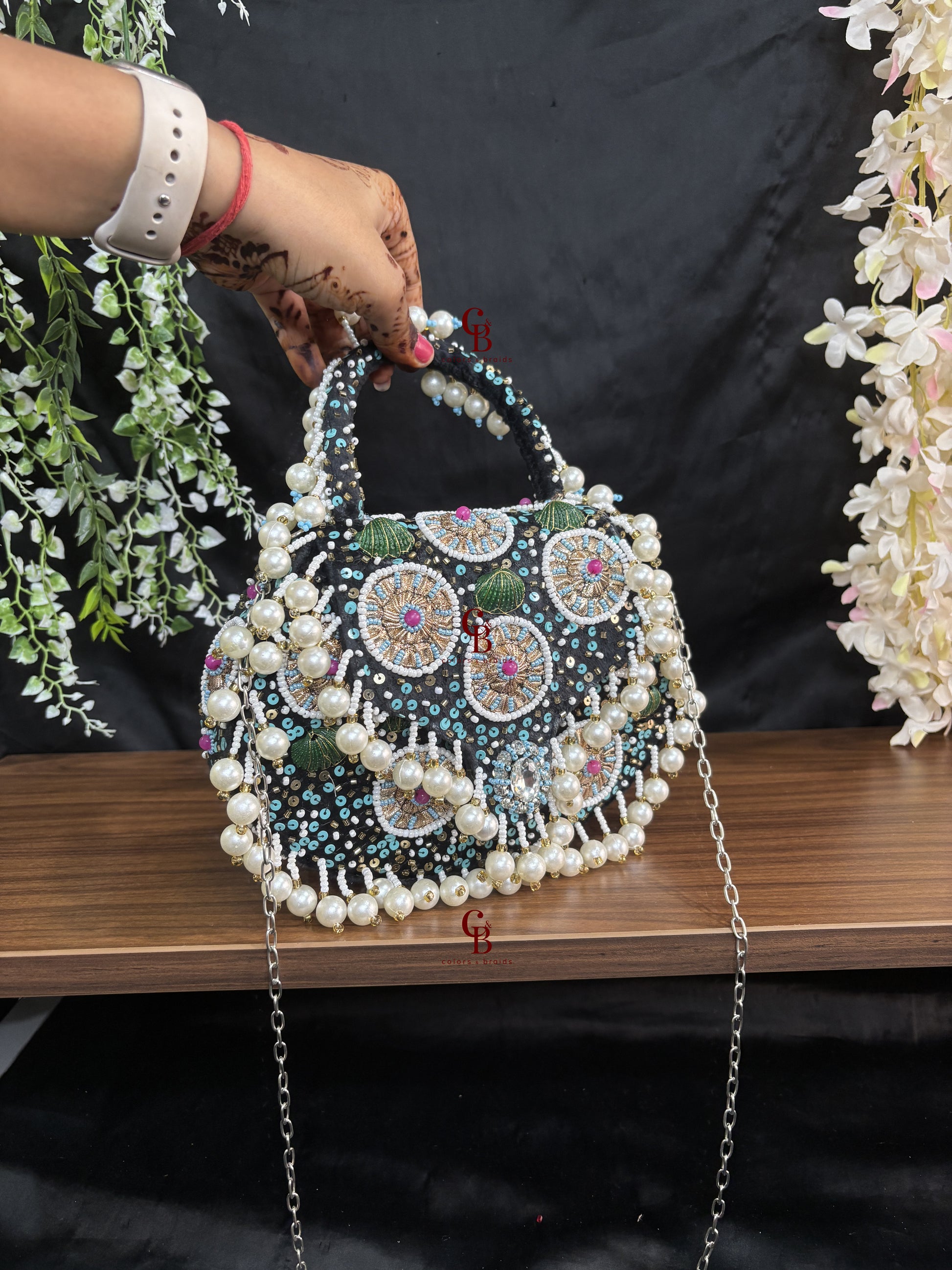 Meher Flap bag - Pearl hangings In Black and Beige