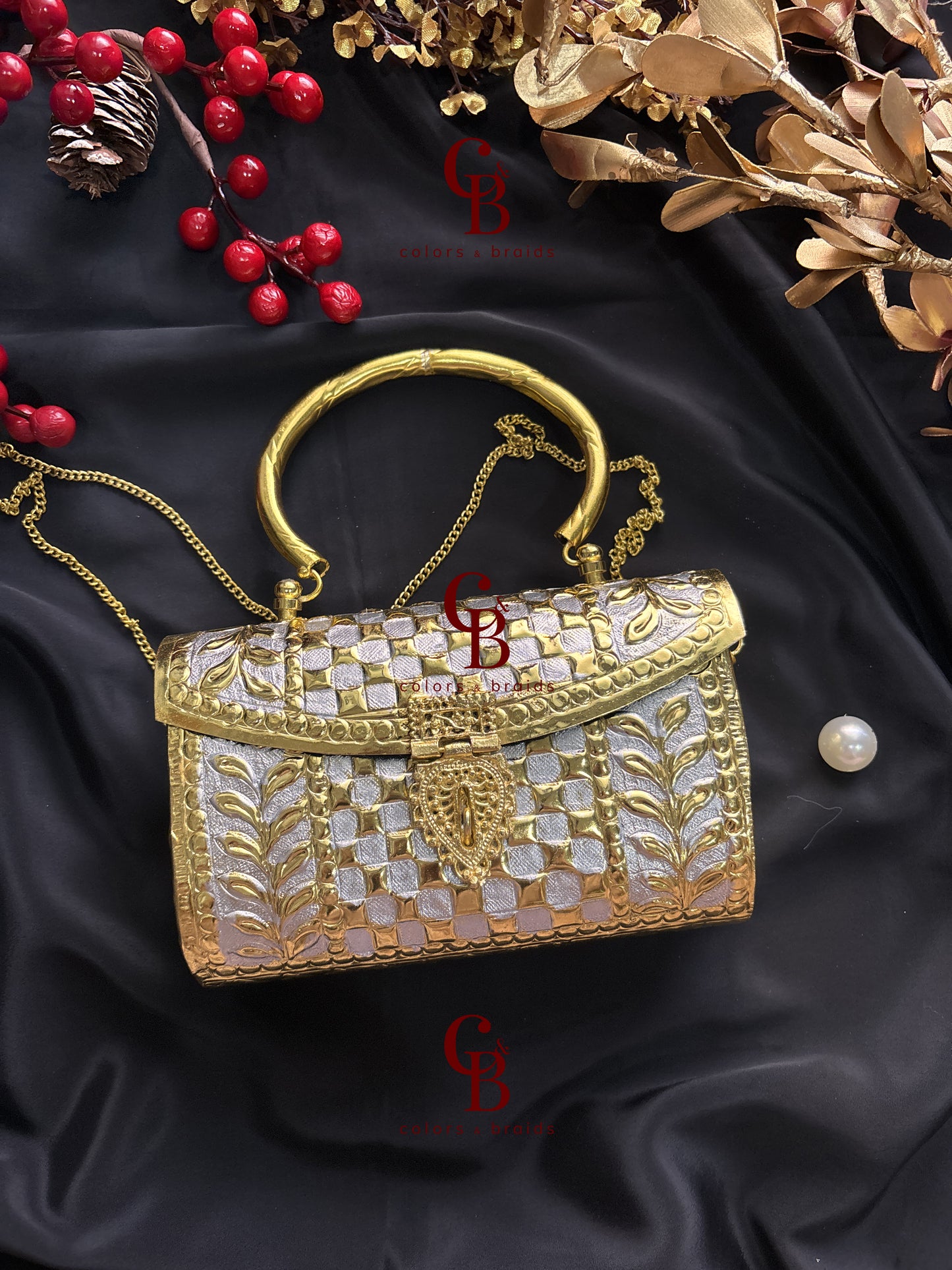 Checks Brass Clutch - Golden and ISil