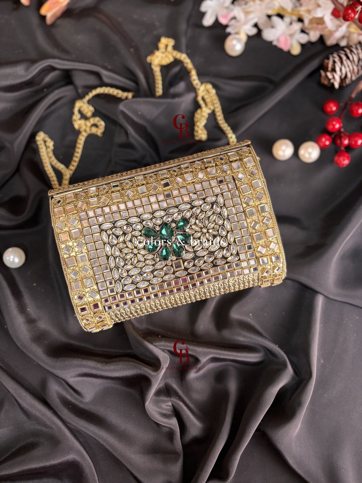 Alira Kundan and Green Crystal Clutch
