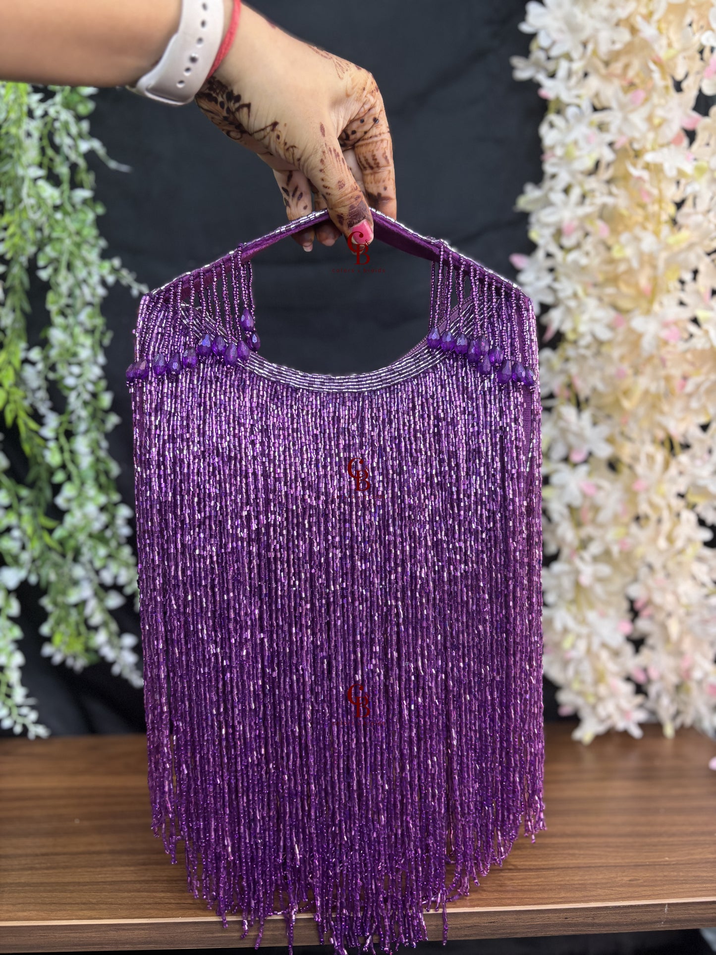 Moonlight Long Cut Dana Tassels Potli in Green, Maroon and Purple
