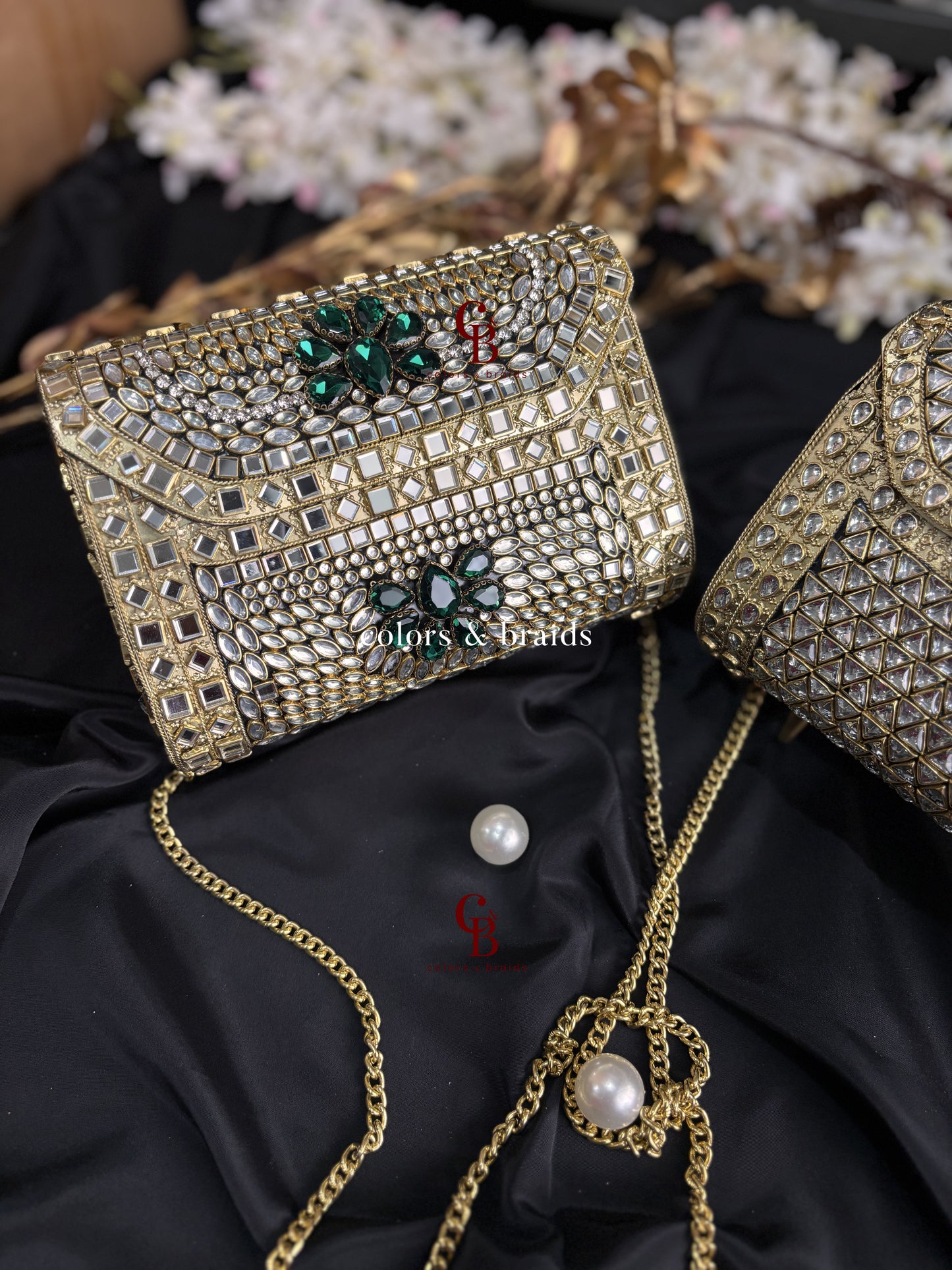 Alira Kundan and Green Crystal Clutch