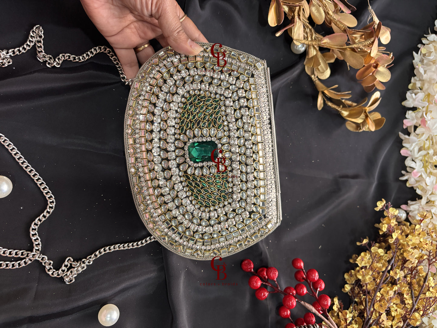 Aafreen Green Crystal Silver Kundan Clutch