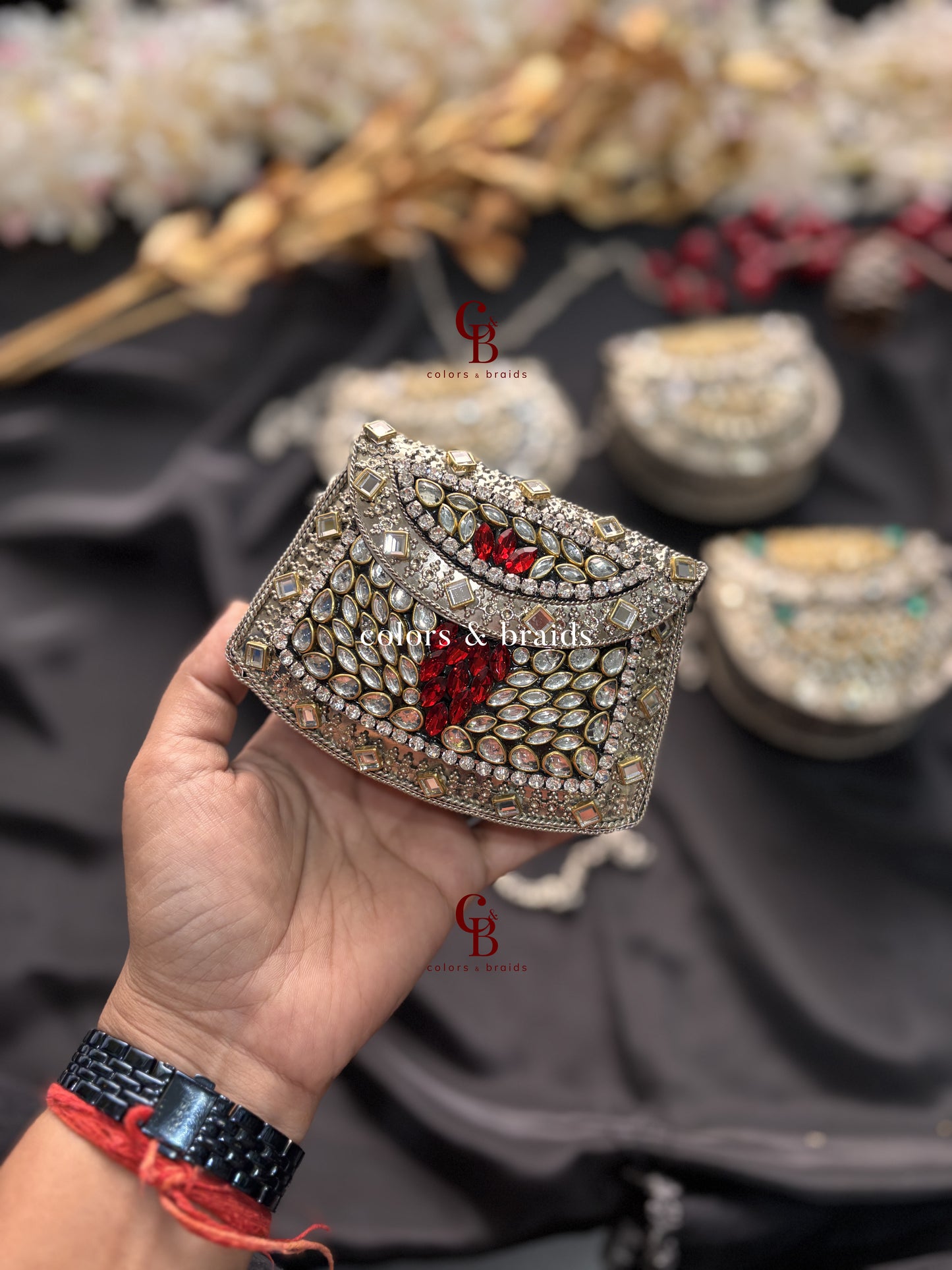 Zohra Mini Kundan Clutch - SIlver