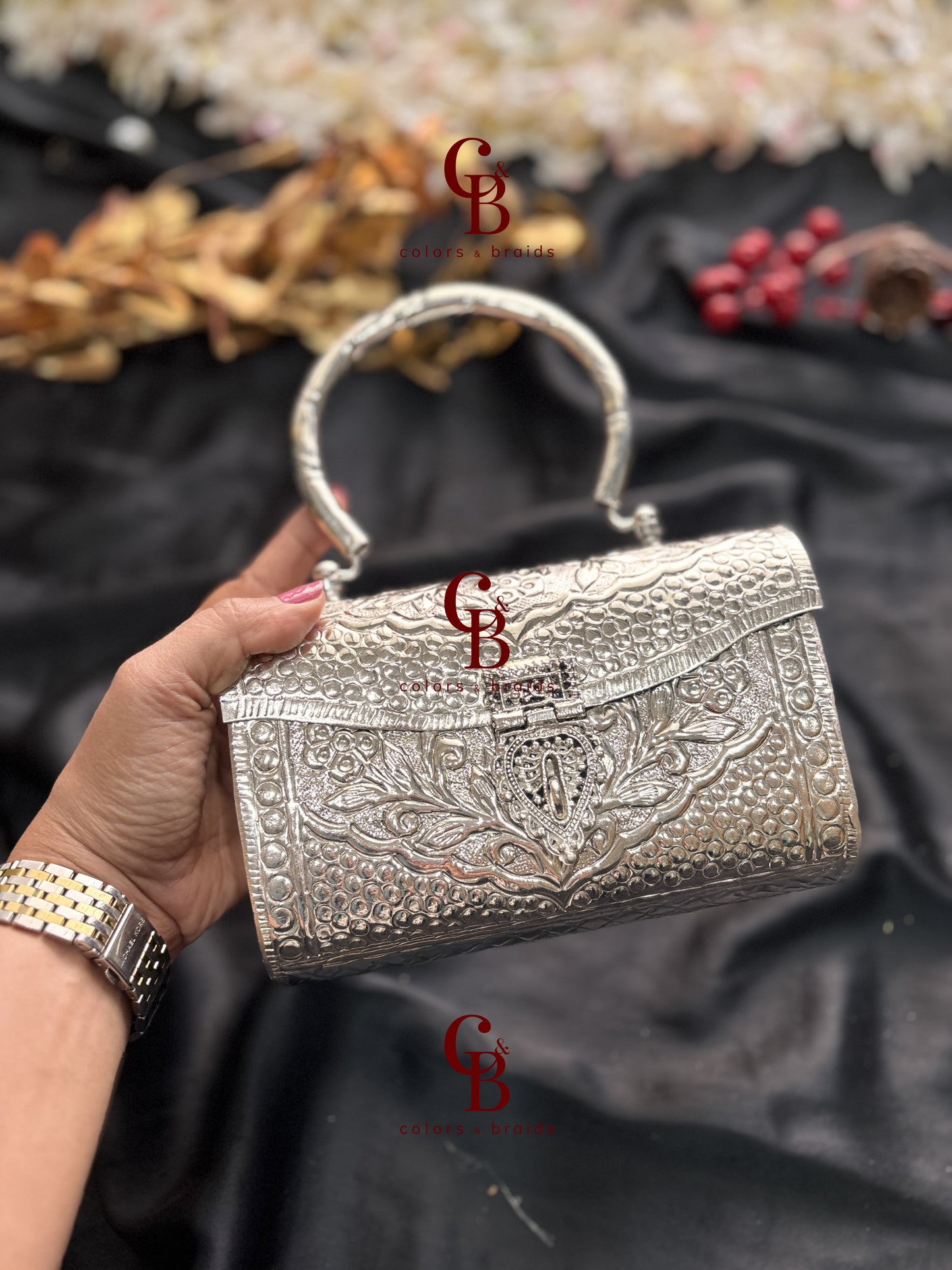 Diya Silver Brass Clutch