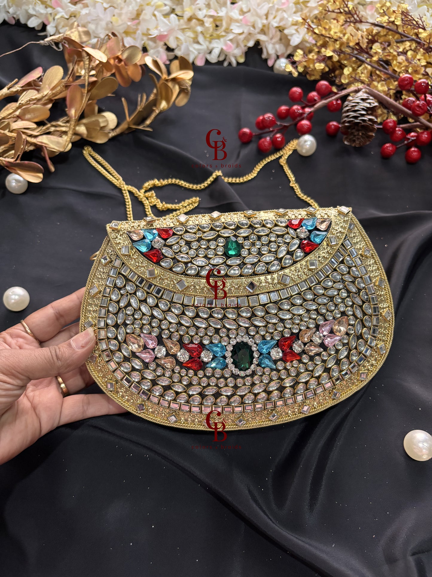 Anaya Kundan Stone Clutch with multi color crystals