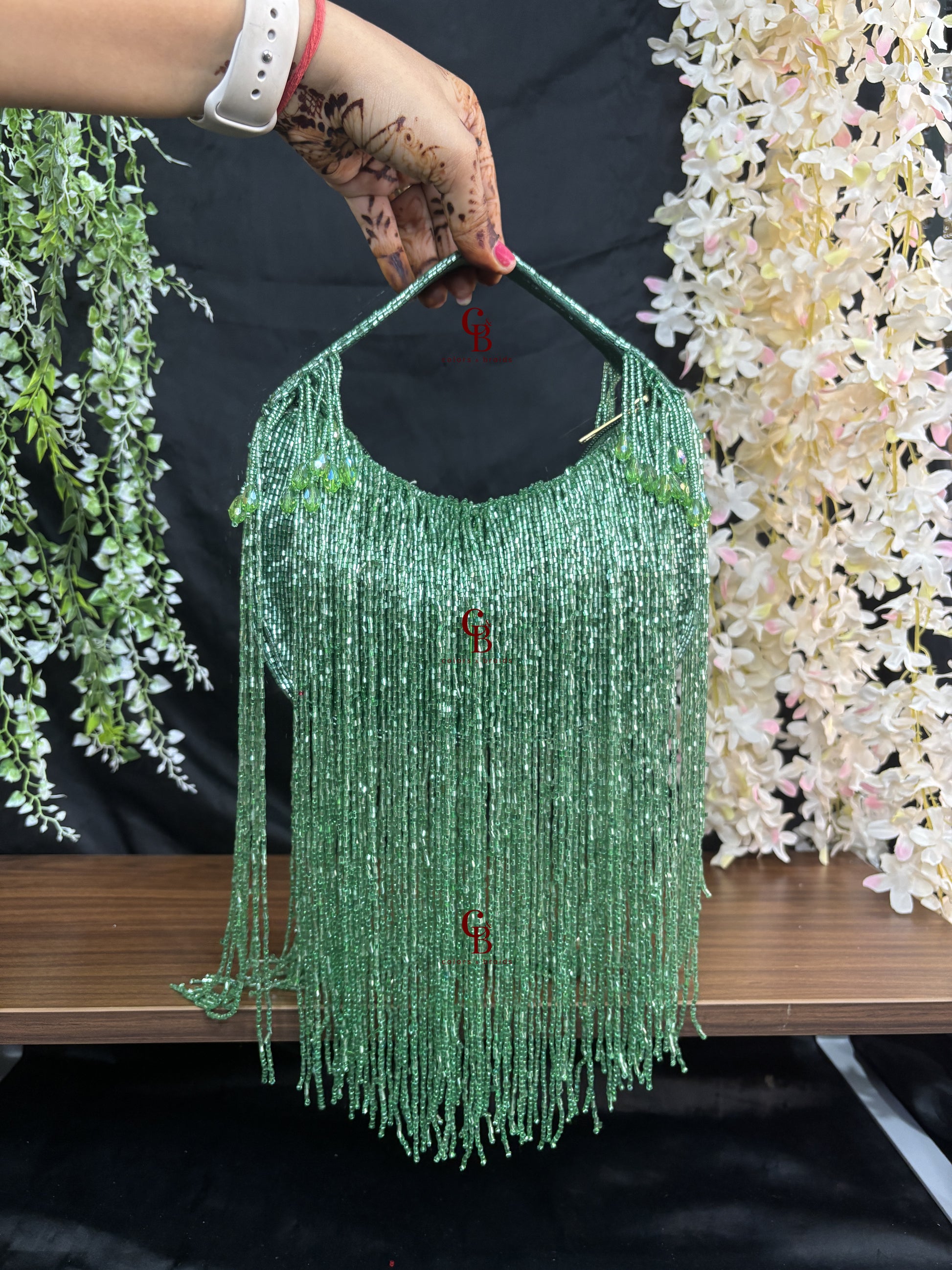 Moonlight Long Cut Dana Tassels Potli in Green, Maroon and Purple